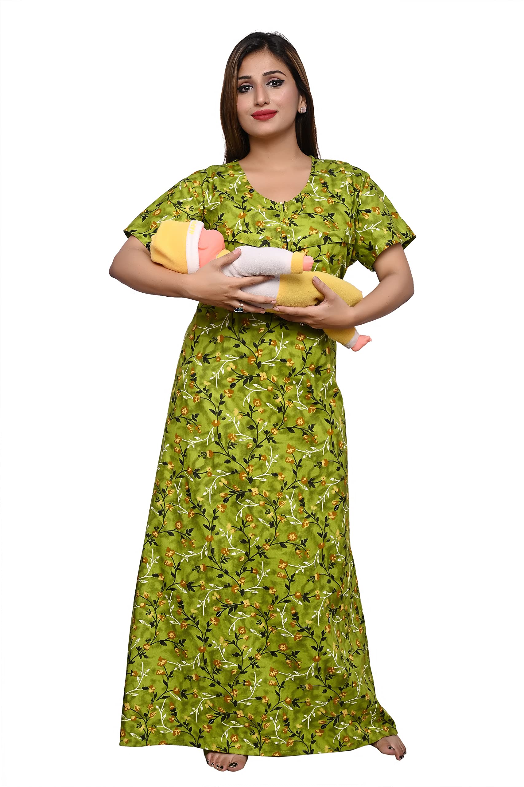 ankona Feeding Nighty in Pure Cotton with 3 zips First Zip on Neck for Comfortable Wearing & Other 2 zips on Front for Feeding Purpose Maternity Nighty Cotton Feeding Nighty Baby Feeder Zipper Nighty-picture-15