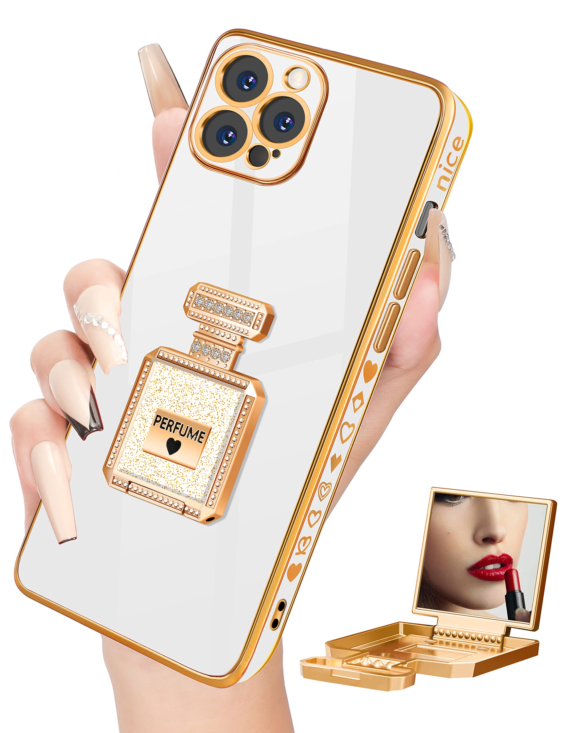Buleensfor iPhone 12 Pro Case with Metal Perfume Bottle Mirror Stand, Cute Women Girly Heart Cases for iPhone 12 Pro Case, Elegant Luxury Phone Cover for iPhone 12 Pro Case 6.1'' White
