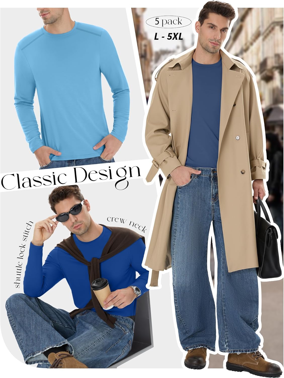 5 Pack Men's Big and Tall Shirts, Long Sleeve Tees Solid Casual Basic Tops Soft Crew Neck T Shirts - Image 5