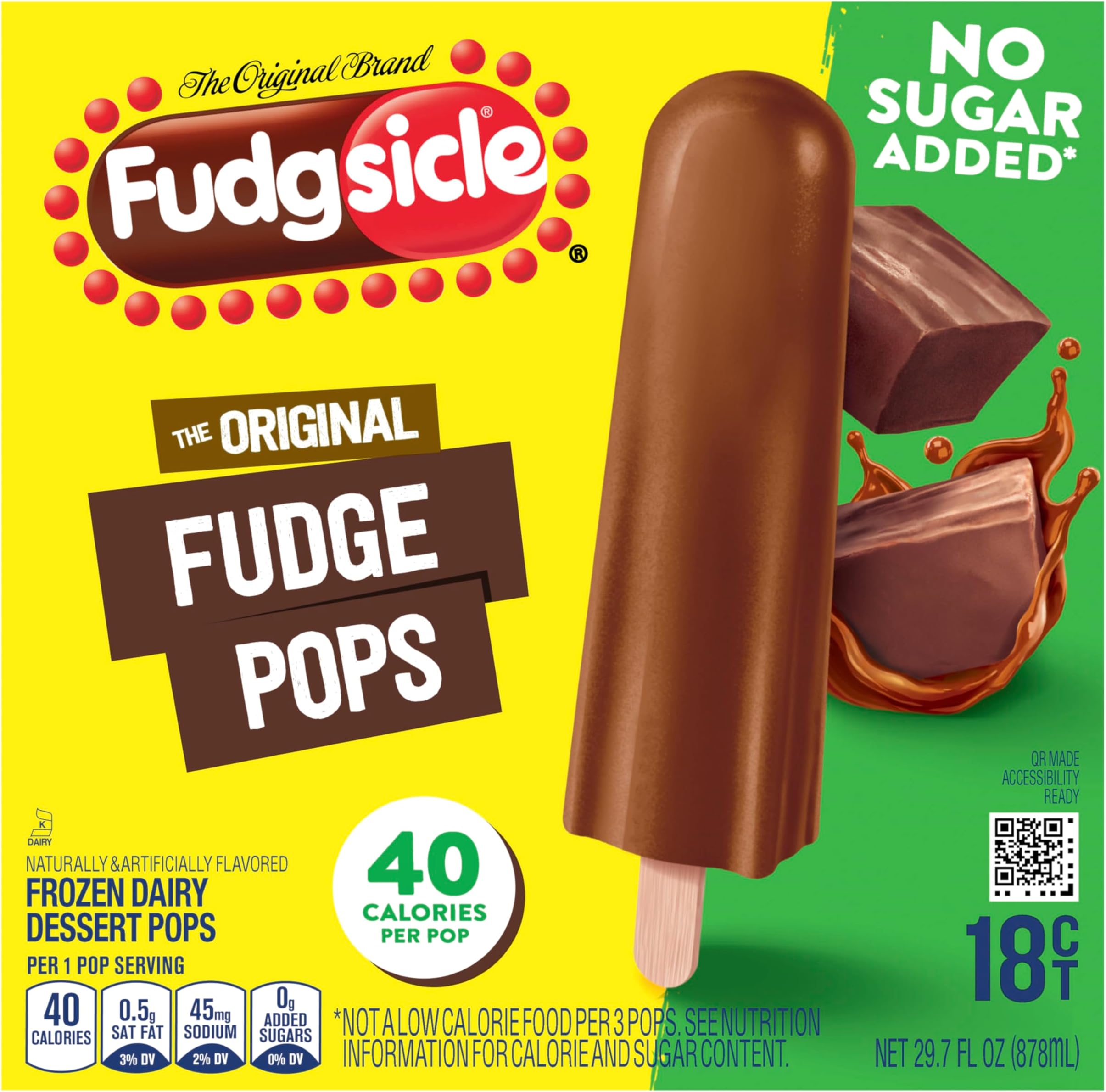 Popsicle Fudgsicle Original Fudge Pops No Sugar Added 18 Count For a Frozen Chocolate Dessert Frozen Dairy Dessert Pops With Only 40 Calories 29.7 oz