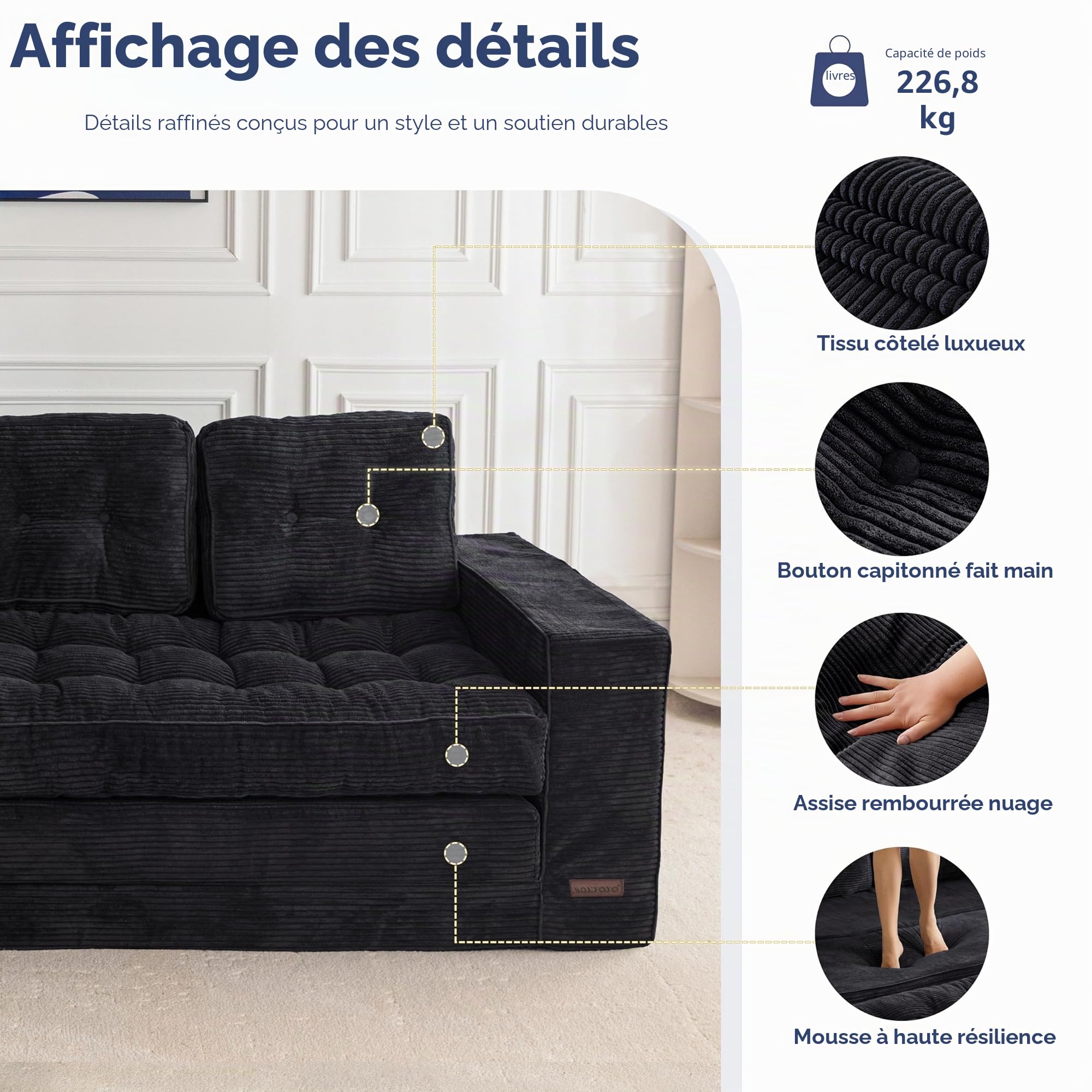 MAXYOYO Canapé-Lit de 190 cm de Large avec Coussin, 2 en 1, Pliable, en Velours, 3 Places, avec Fonction Sommeil, Surface de Couchage 101 x 196 cm, pour Salon, Chambre à Coucher, Salon