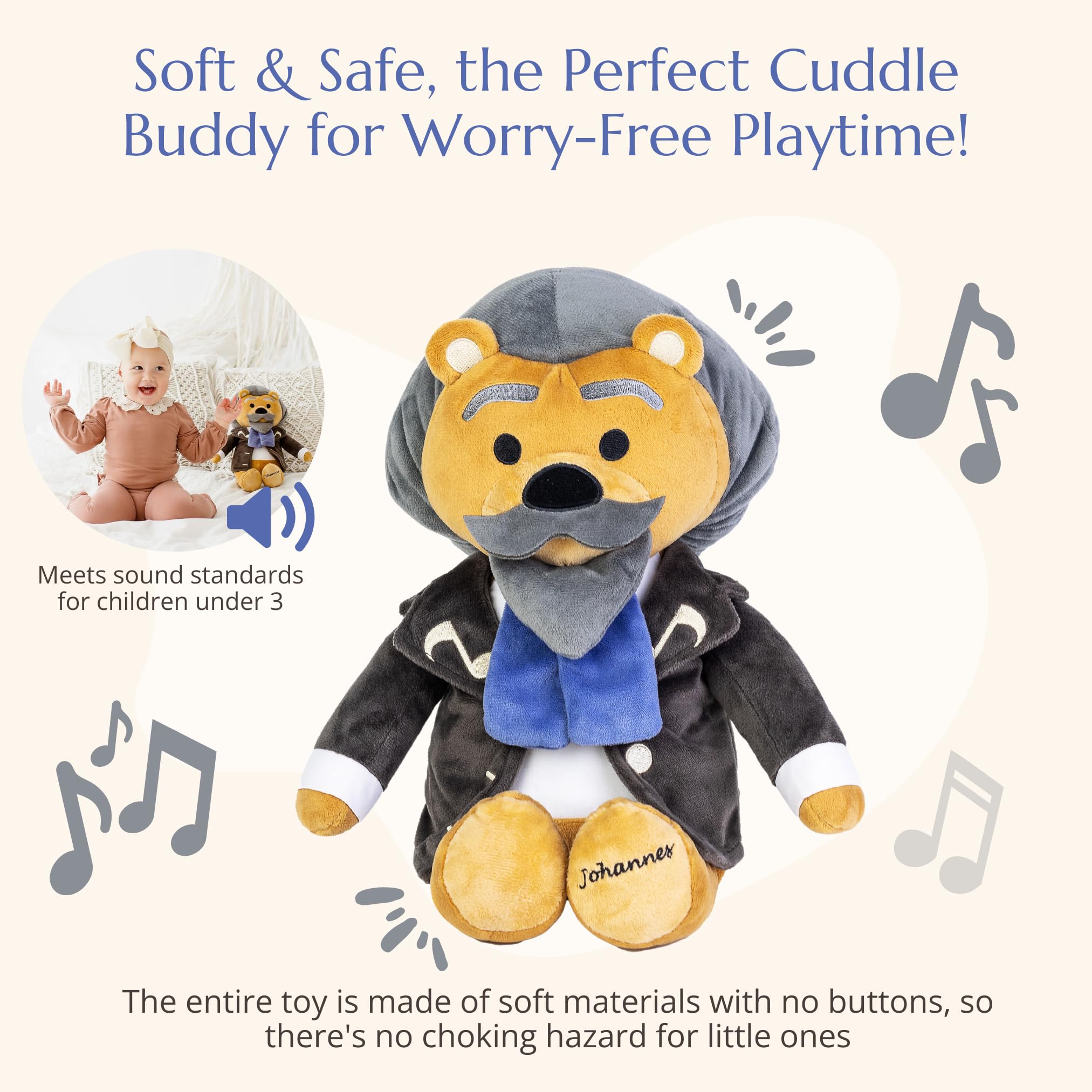 Ours Virtuoso de Brahms – Peluche bi-mode avec fonctions musique et confort, joue 40 minutes de musique classique et de bruit blanc pour calmer et apaiser les bébés