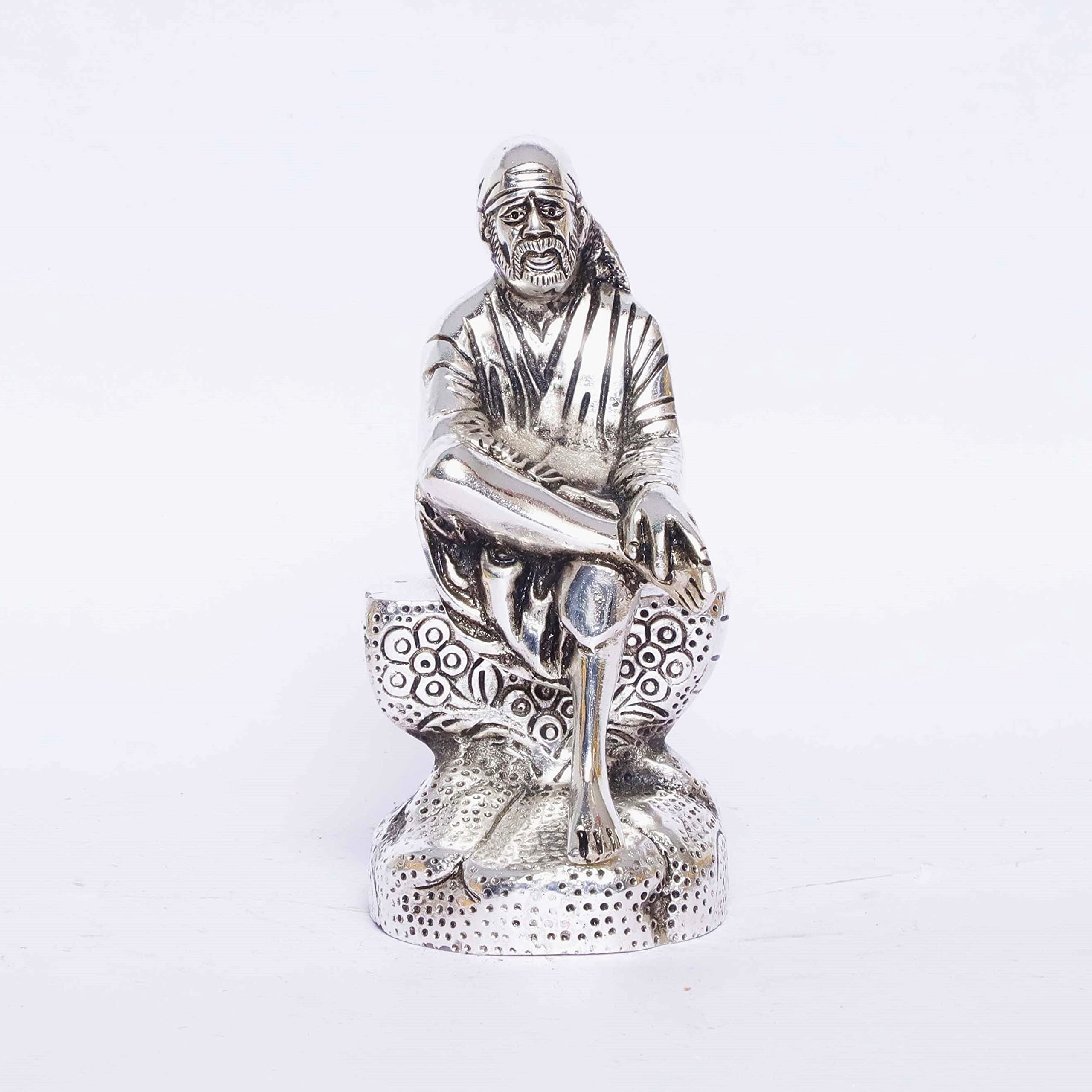 Prince Home Decor & Gifts Silver Plated Oxidized Shirdi Sai Baba Sitting on Shila Metal Statue (Silver, Standard Size) - Image 3 thumbnail