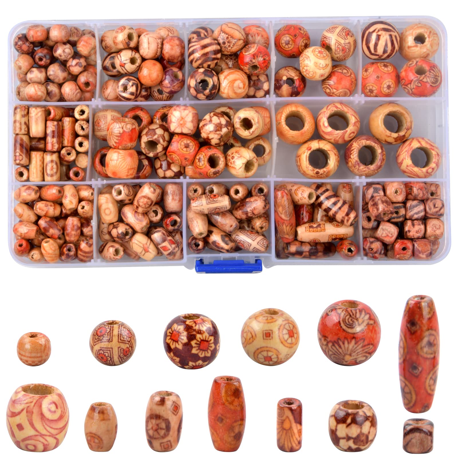230 Pcs Printed Wooden Beads Round Barrel Wood Beads Macrame Tube Square Wood Beads for Crafting Spacer Loose Charm Beads with Holes for DIY Necklace Bracelet Beading Hair Decoration Jewelry Making