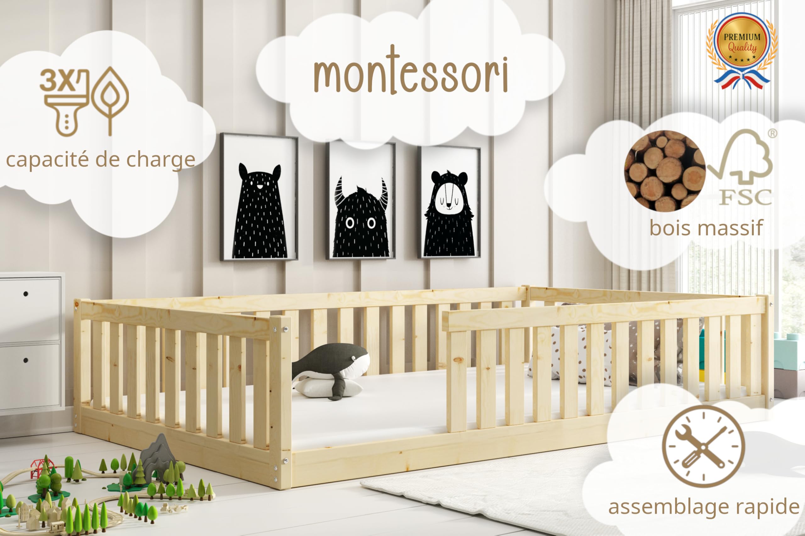 Lit Enfant Bella 120x200 avec Barrière de Sécurité et Sommier à Lattes, Bois Pin Naturel, Montessori