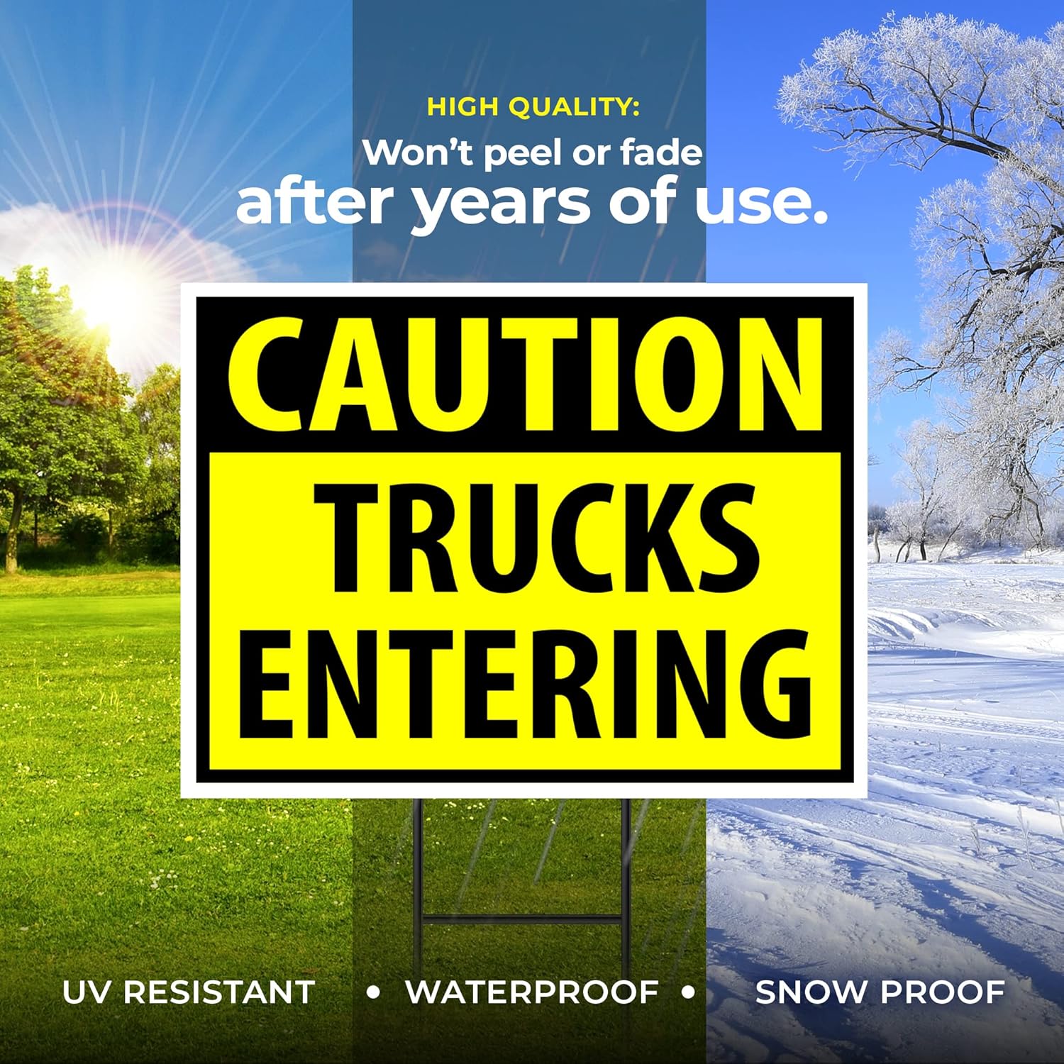 CAUTION TRUCKS ENTERING YELLOW - Double Sided Yard Sign ROAD SIGN with Stand