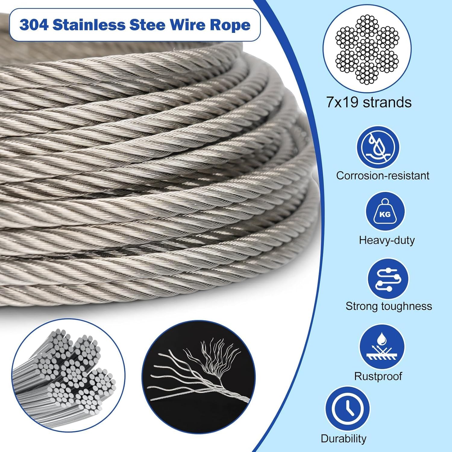 TooTaci 1/4 Stainless Steel Cable, 50ft 1/4 Wire Rope with Thimbles and Aluminum Crimping Sleeves, 7x19 Strands, 6400lbs Breaking Strength Heavy Duty Aircraft Cable for Yard Zipline, Boat Lift