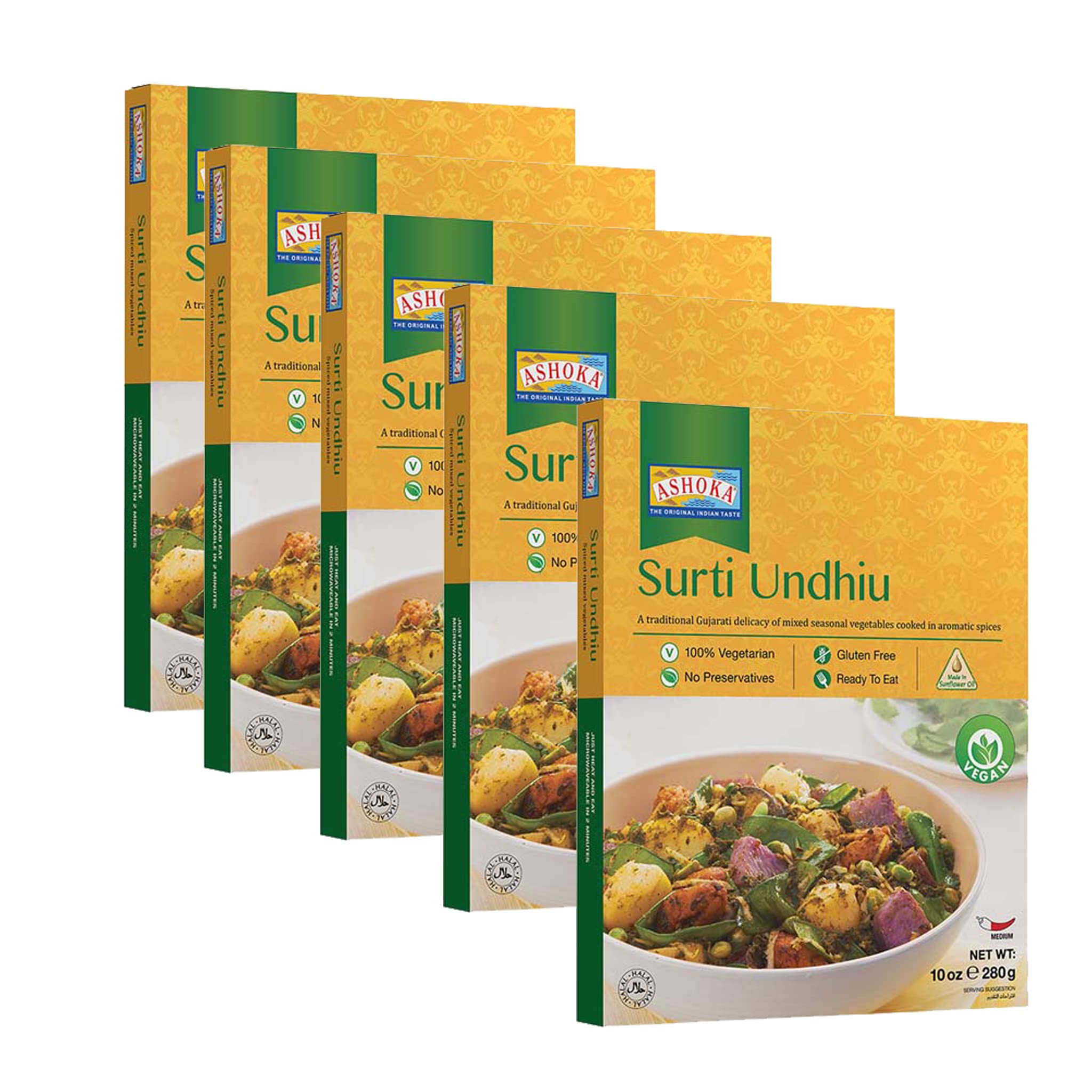 Ashoka Microwavable Meals 1932, Plant-Based Curry, Mixed Vegetables, All-Natural Entrees, Surti Undhiu, Kosher Certified, Traditional Indian Food, Gluten-Free & with No Preservatives, Pack of 5