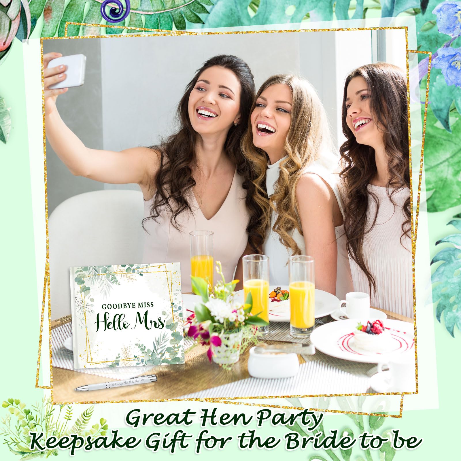 HOWAF Goodbye Miss Hello Mrs Hen Party Guest Book and Keepsake Pen, Kiss The Miss Goodbye Green Floral Bride Advice Book - Image 3