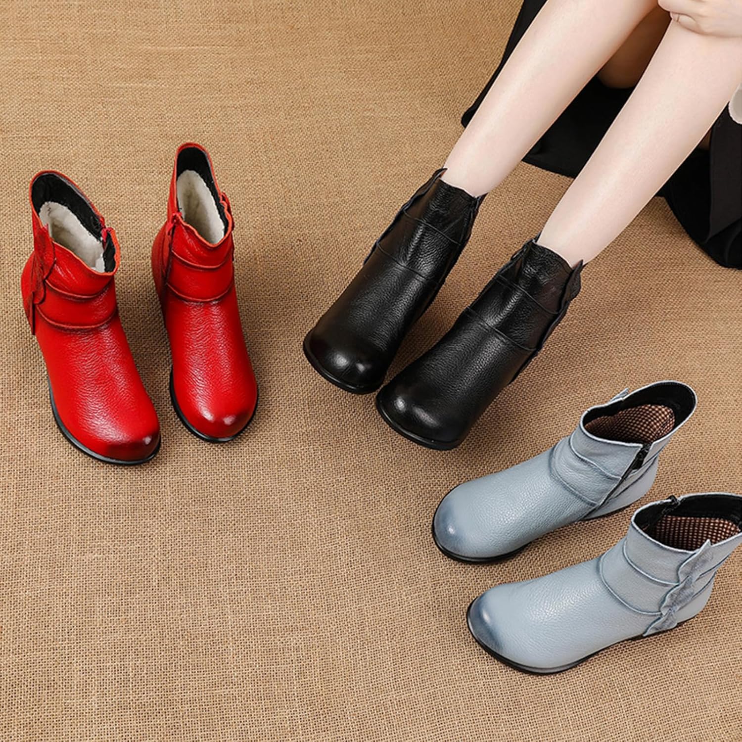 Women's Leather Casual Dress Ankle Boots,Fall/Winter Comfy Waterproof Non-slip Low Block Heel Side Zipper Short Booties