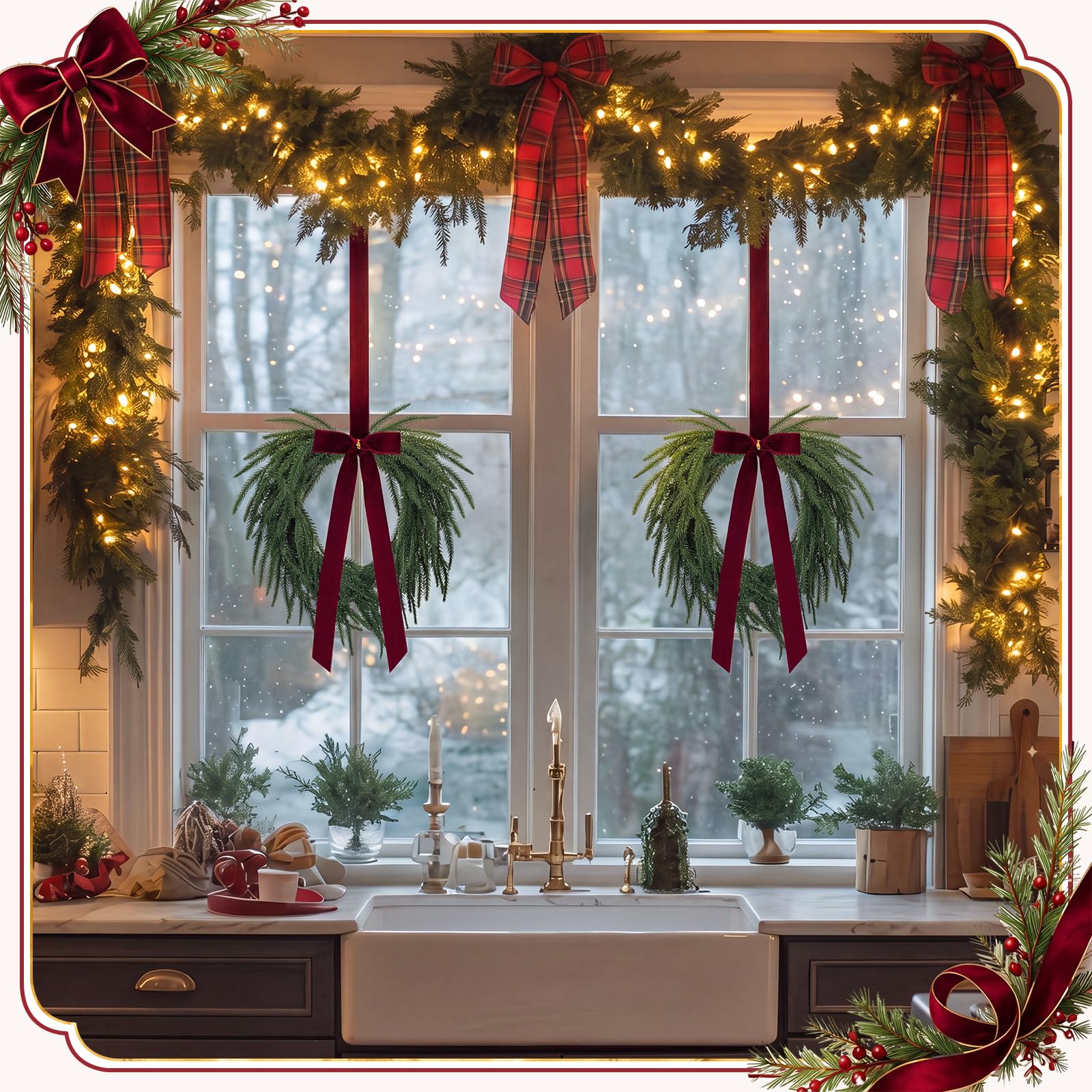 Dingion Lot de 4 petites couronnes de Noël en pin Norfolk avec baies rouges | Pommes de pin, décoration de vacances à suspendre pour armoires de cuisine, fenêtres, mur, décoration d'arbre de Noël