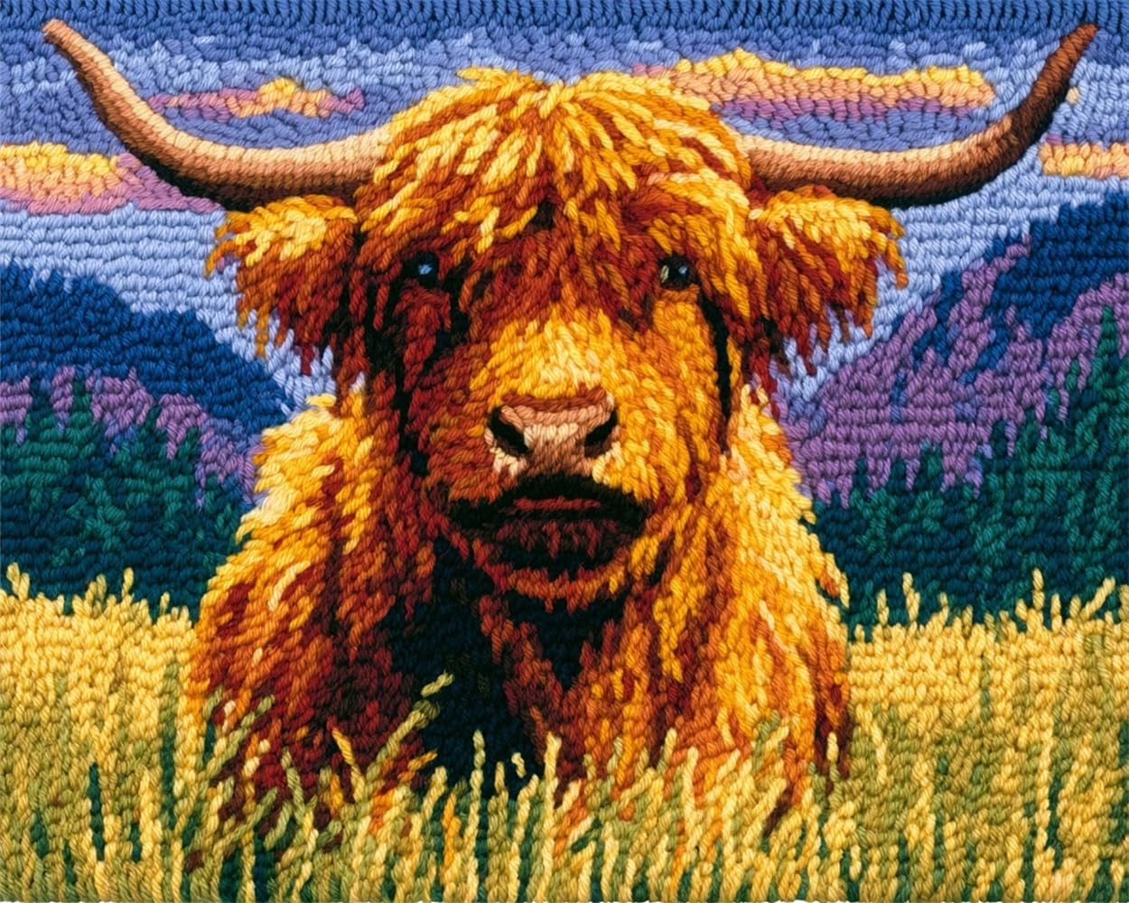 FWRTYCB 3D Latch Hook Rug Kit Highland Cattle in a Meadow