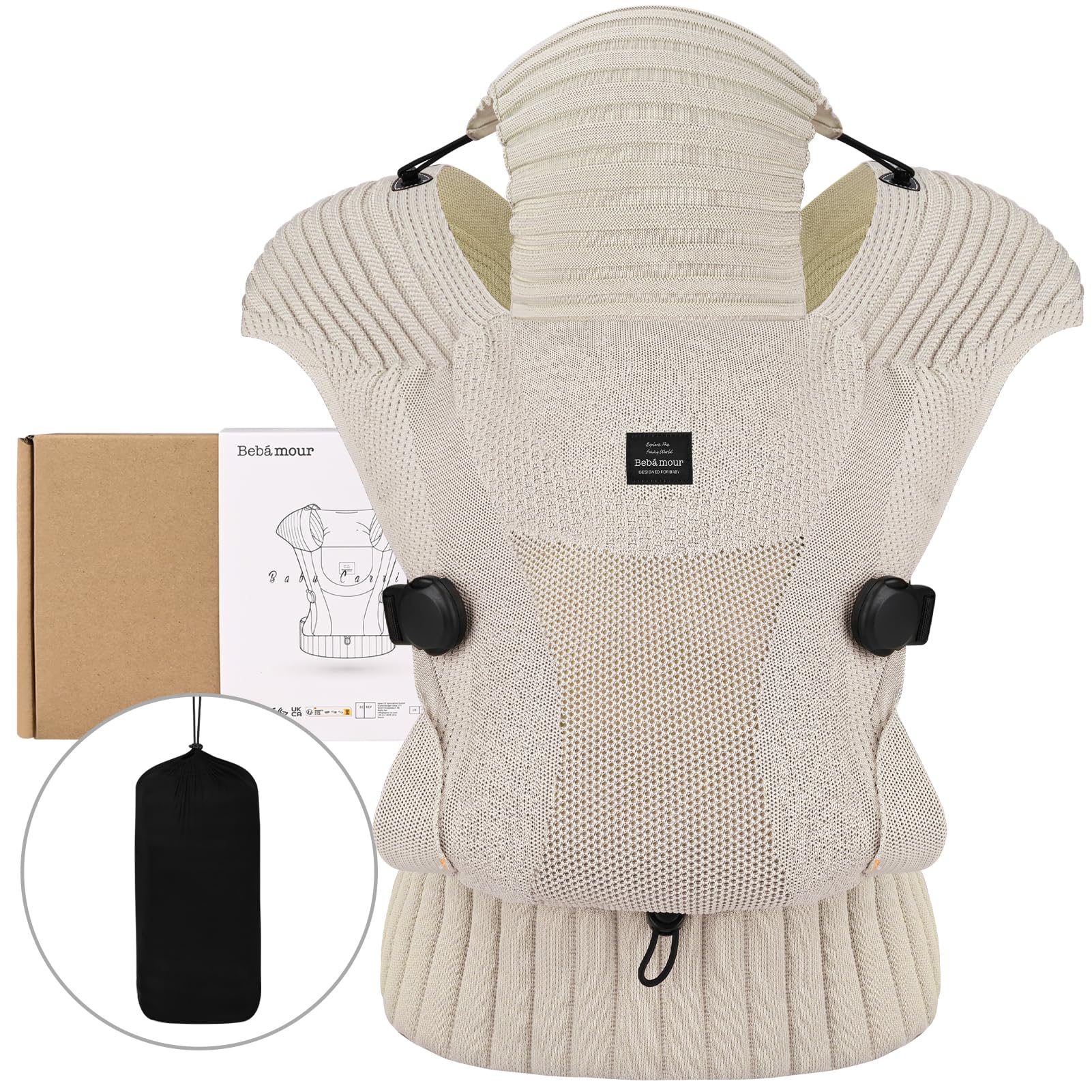 Bebamour Knit Baby Carrier,Cozy and Lightweight Carrier for 4-24 Months,Ergonomic Baby Carrier with Head Hood, Khaki — view 5