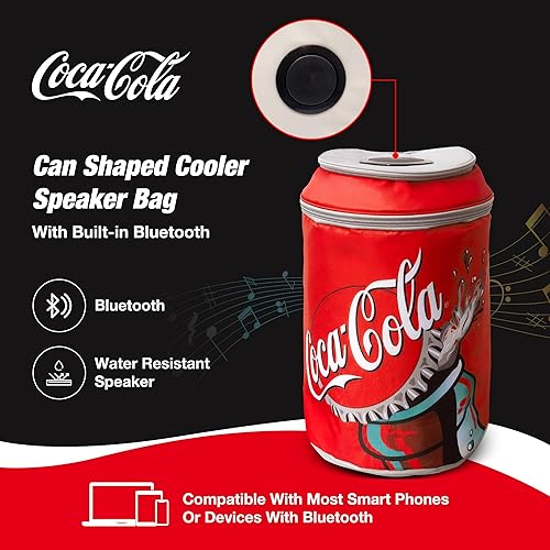 Miniatura 2 de Bolsa enfriadora con forma de lata de Coca Cola con altavoz Bluetooth, tiempo de reproducción de 5 horas, correas ajustables, cremalleras, tela