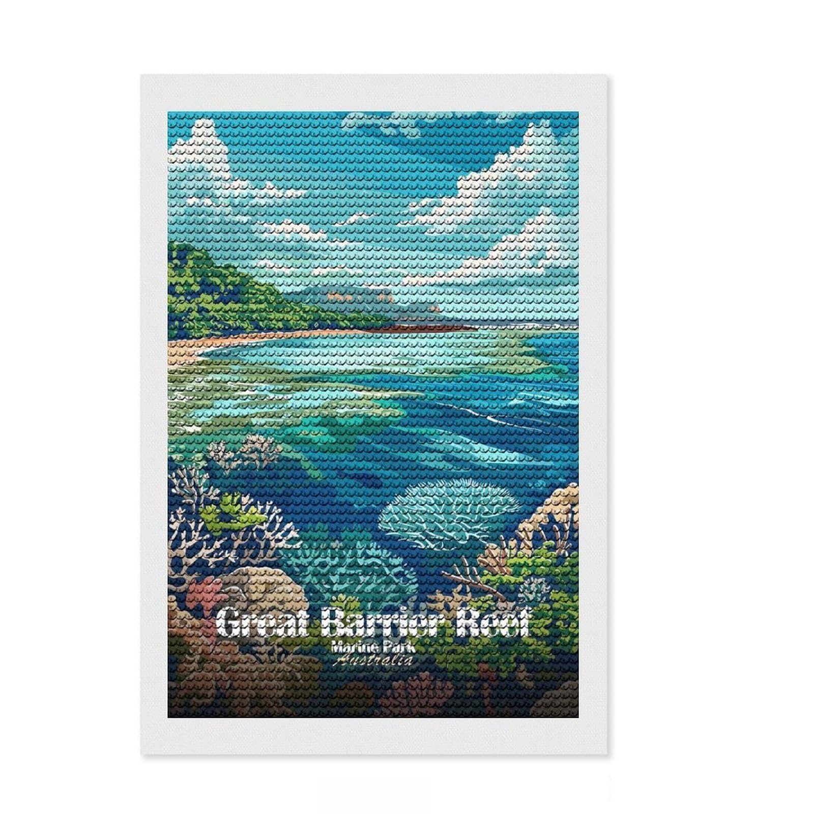 Junmoney Great Barrier Reef, Australia Diamond Art Kit 8"x12", for Family Craft Time, Adhesive Canvas, Modern Decor, Festive Craft Gift, with Tool Kit
