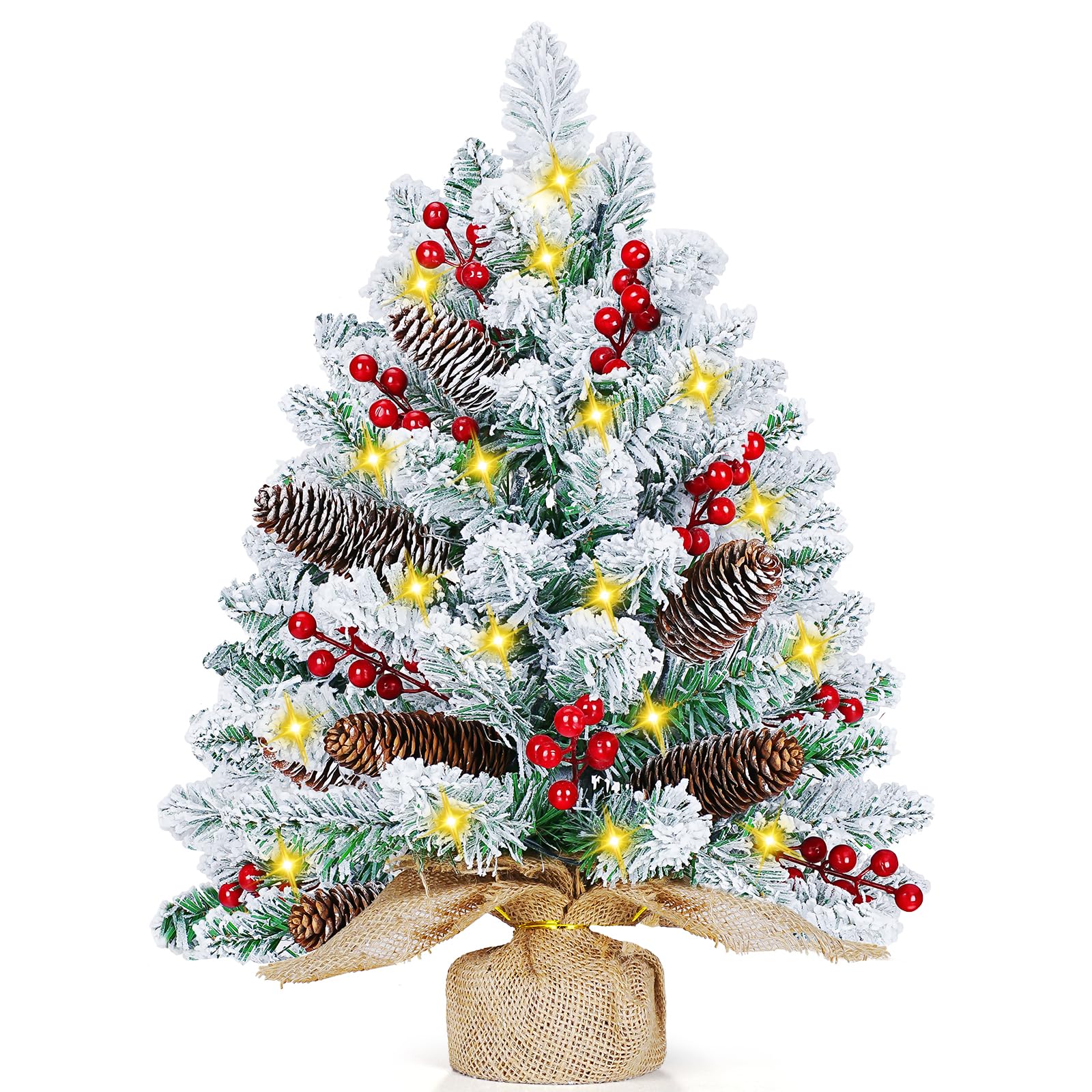 Sapin de Noël artificiel de table de 61 cm, sapin de Noël artificiel pré-éclairé avec 50 guirlandes lumineuses à DEL, mini sapin de table, 70 baies rouges, 10 pommes de pin, base en toile de jute,