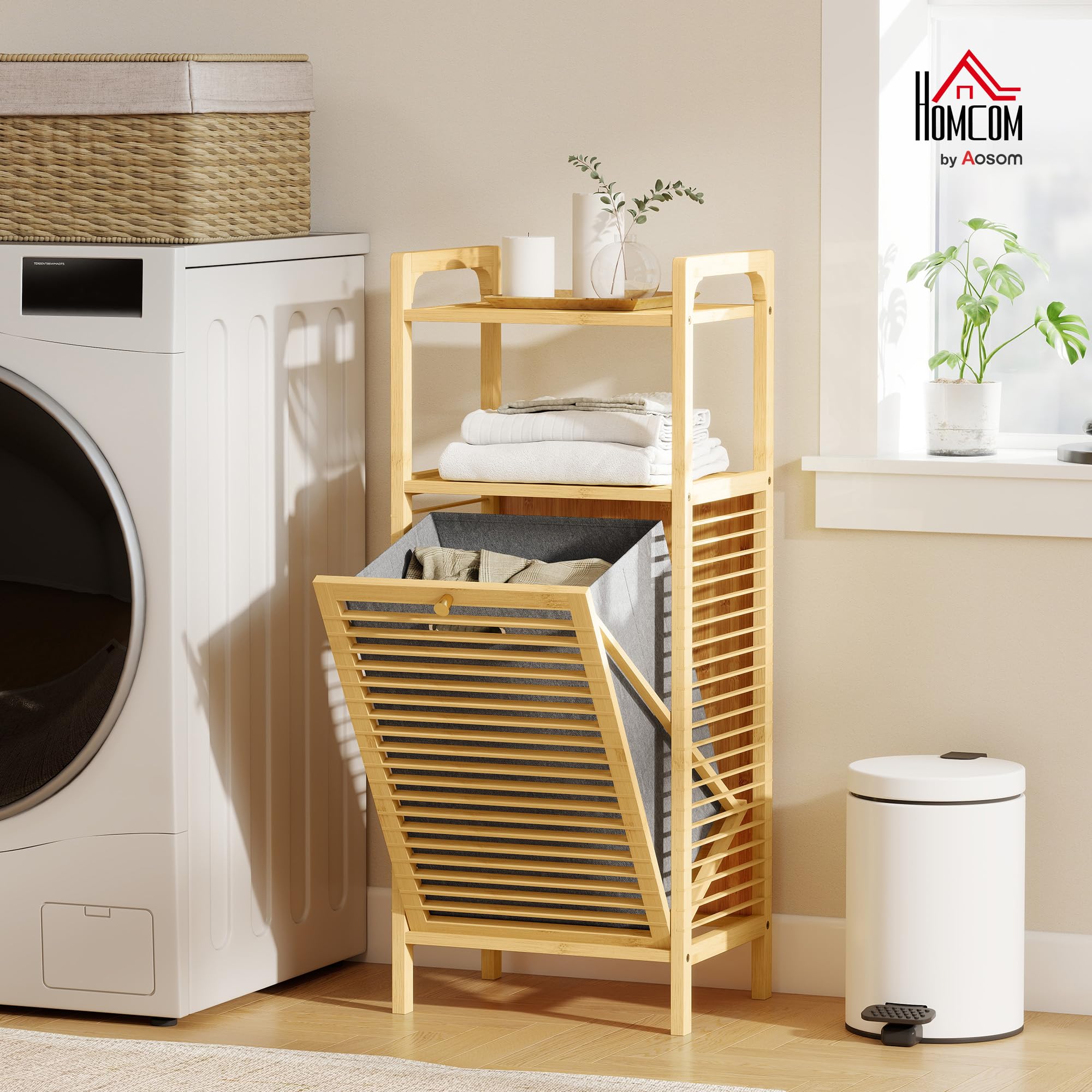 HOMCOM Meuble de Rangement à Linge en Bambou, Meuble de Salle de Bain avec étagère, Panier à Linge basculant, Porte à Lattes et Sac de Rangement Amovible, 40 x 30 x 95 cm, Effet Bois Naturel