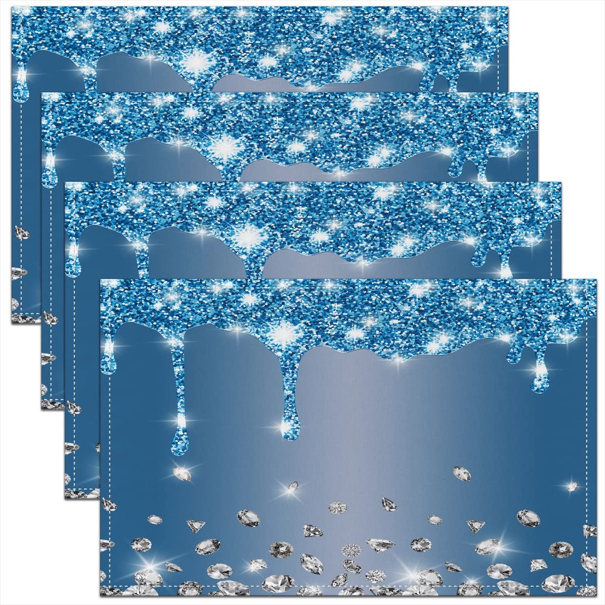 45x30cm Glitter Diamond Table Place Mats, Blue Silver Shiny Placemats Set of 4 Luxury Texture Colorful Bling Modern Placemat for Kitchen Dining Table Indoor Outdoor
