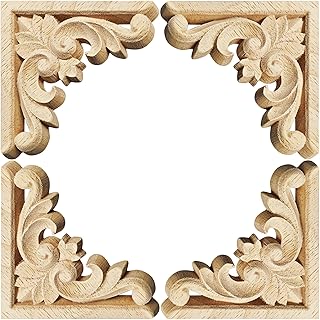 4Pcs Unfinished Wood Appliques Onlays, 3.15"x3.15" DIY Wooden Carved Corner Decor for Furniture Cabinet Door Wardrobe Mirror, Home Decor