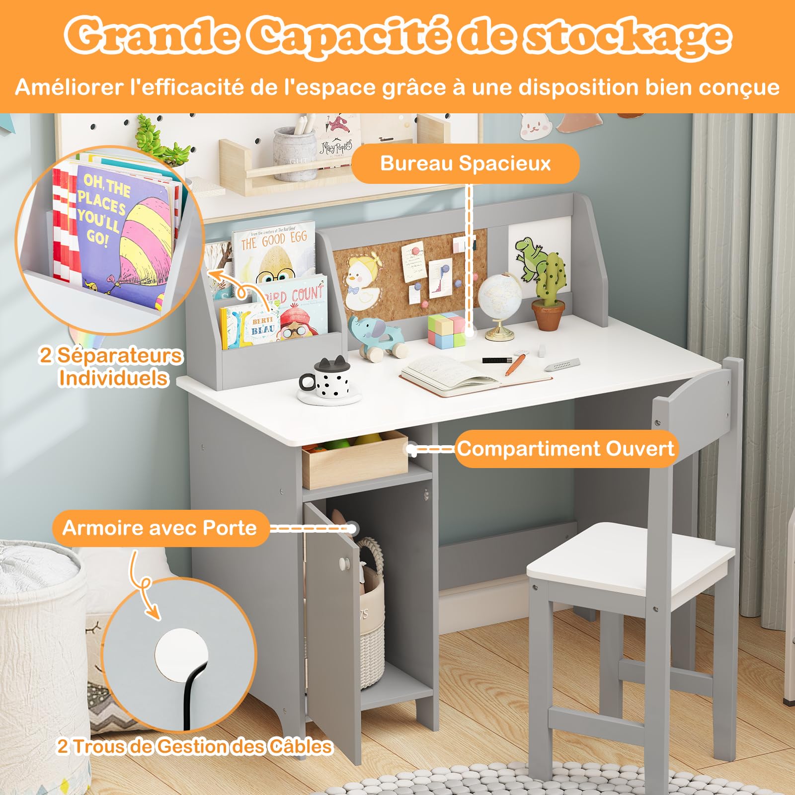 COSTWAY Bureau Enfant Garçon Fille avec Chaise Bibliothèque Tableau d'Affichage, Table Enfant Bois Étagère Armoire Rangement, Charge 50/90kg 3 Ans+ Gris