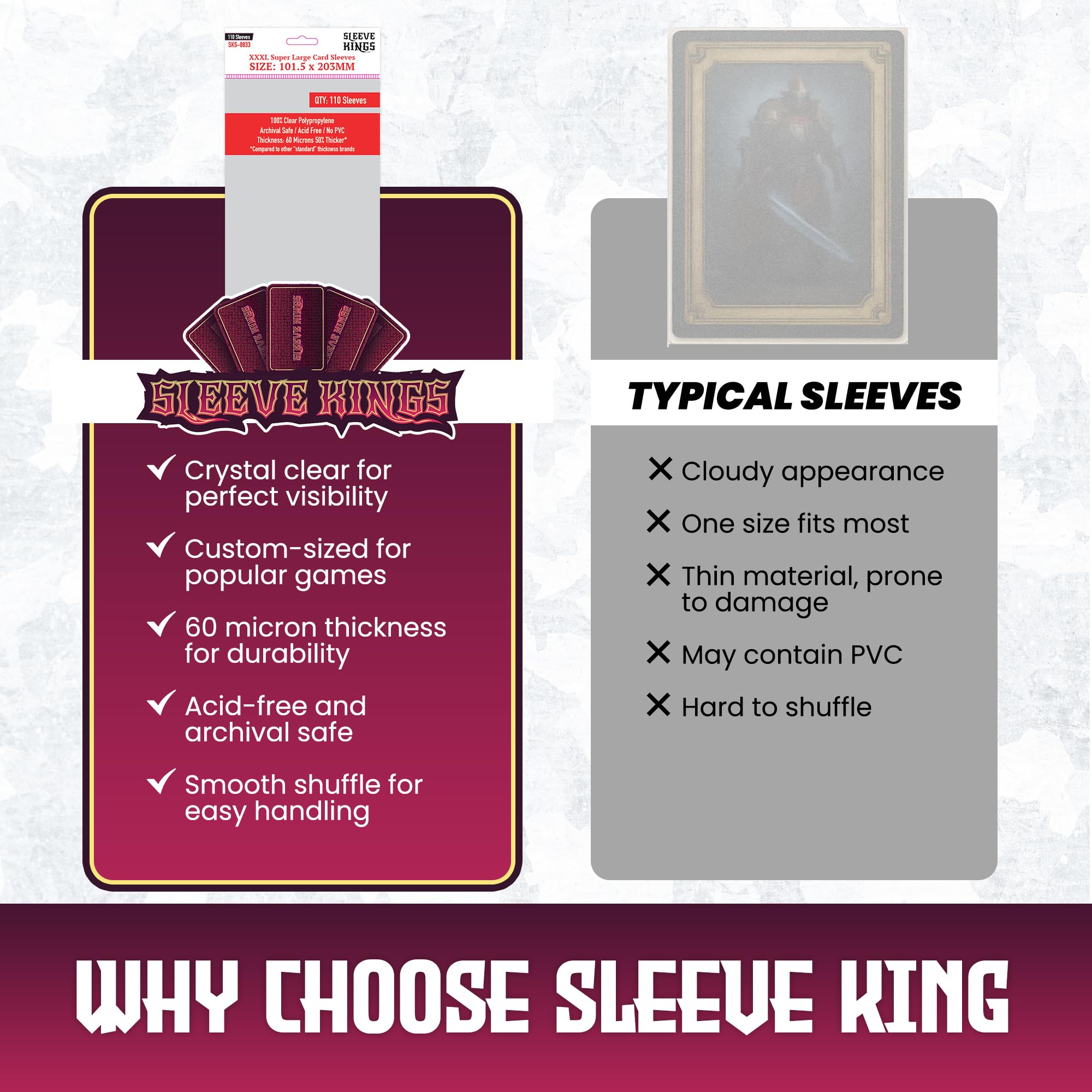 Amazon.com: Sleeve Kings Premium XXXL Super Large Card Sleeves –  101.5x203mm, 110 Pack, 60 Micron Thick, Extra Clear, Acid-Free, PVC-Free,  Compatible with Kingdom Death: Monster, Star Wars: Outer Rim & More :