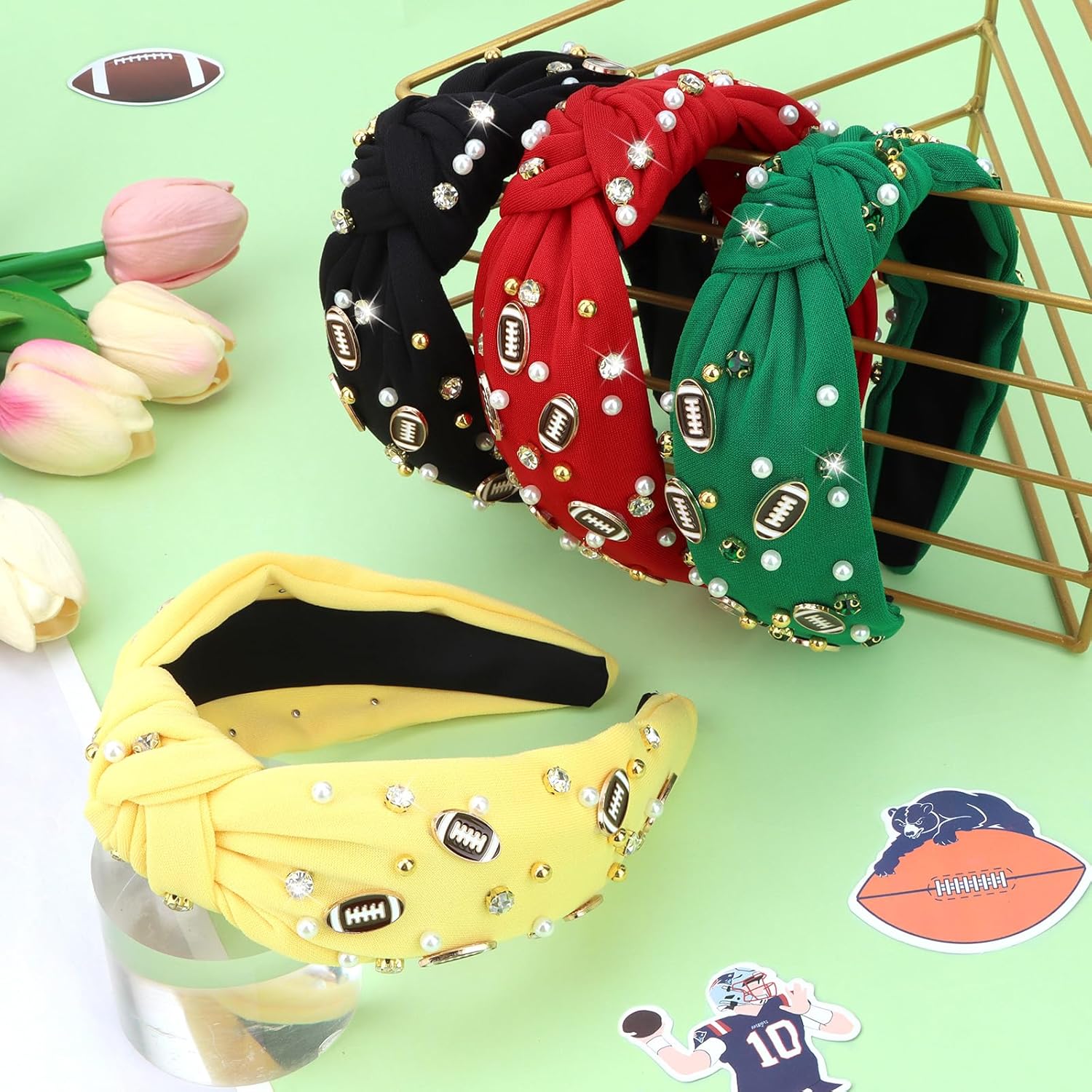 Football Headbands for Women Crystal Football Embellished Wide Top Knot Headband for Women Game Day Hair Accessories (Red) - Image 5