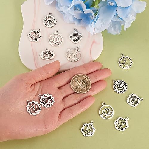 Miniatura 4 de Ipotkitt 100 unidades, 10 estilos, estilo tibetano, redondo, plano, con aleación de yoga, colgantes, adornos curativos para pulseras, collares,