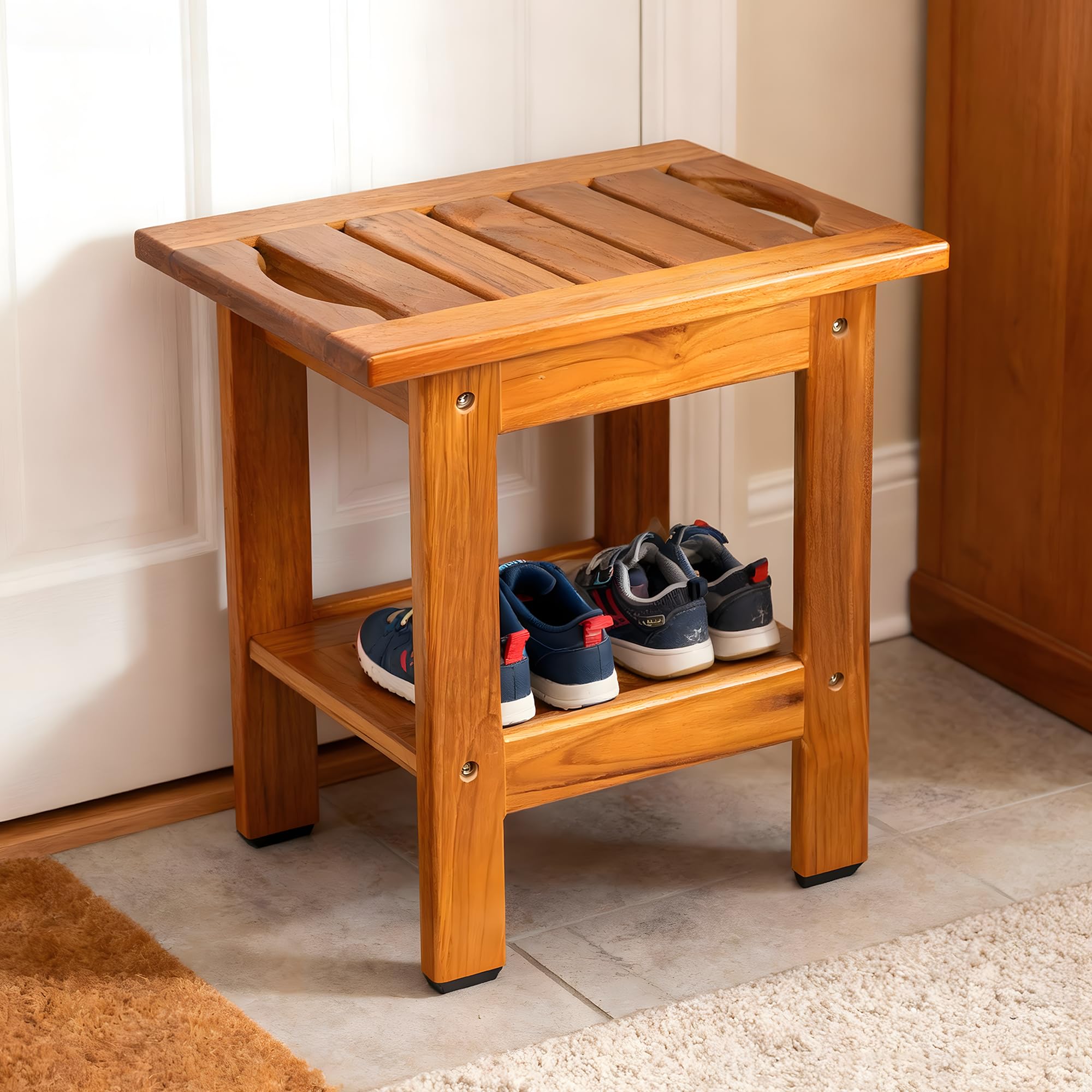 VaeFae Piccolo Sgabello Bagno in Teak per Doccia, Leggero Panca Bagno in Legno, Dotato di Ripiano Portaoggetti e Piedini Antiscivolo, Portatile per Bagno, Soggiorno, Camere da Letto, Balcone