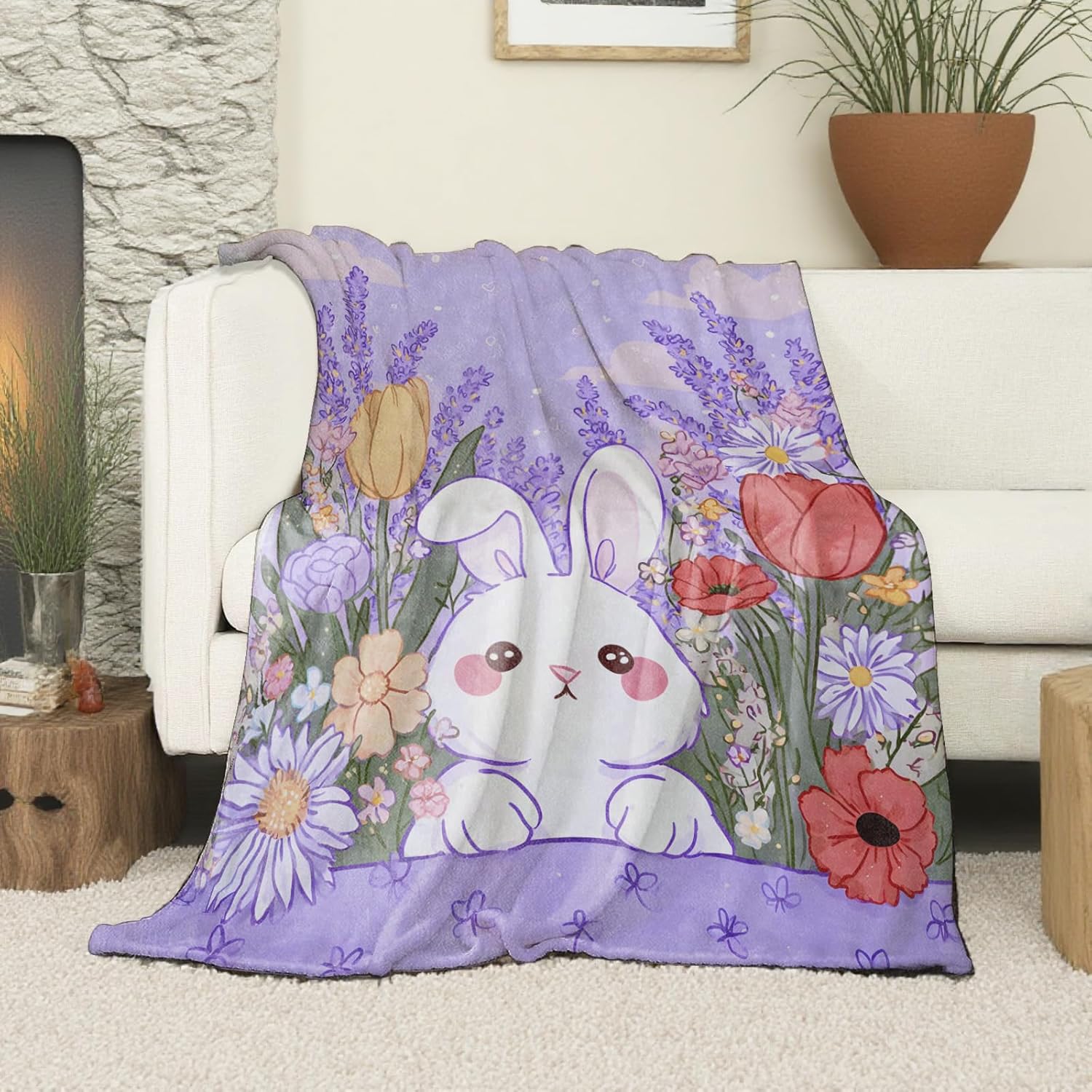 Cute Bunny Blanket, Soft Cozy Lightweight Adorable White Rabbit in Flower Garden Throw Blanket for Women Girls, Floral Art Sofa Couch Bed 40x50 Inch Flannel Blankets for Travel Decor Gifts