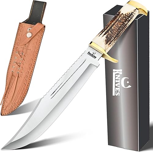 Miniatura 1 de NoonKnives Hoja de acero al carbono de 15.5 pulgadas hecha a mano con mango de cuchillo Bowie coleccionable con clip de latón (cuerno de ciervo