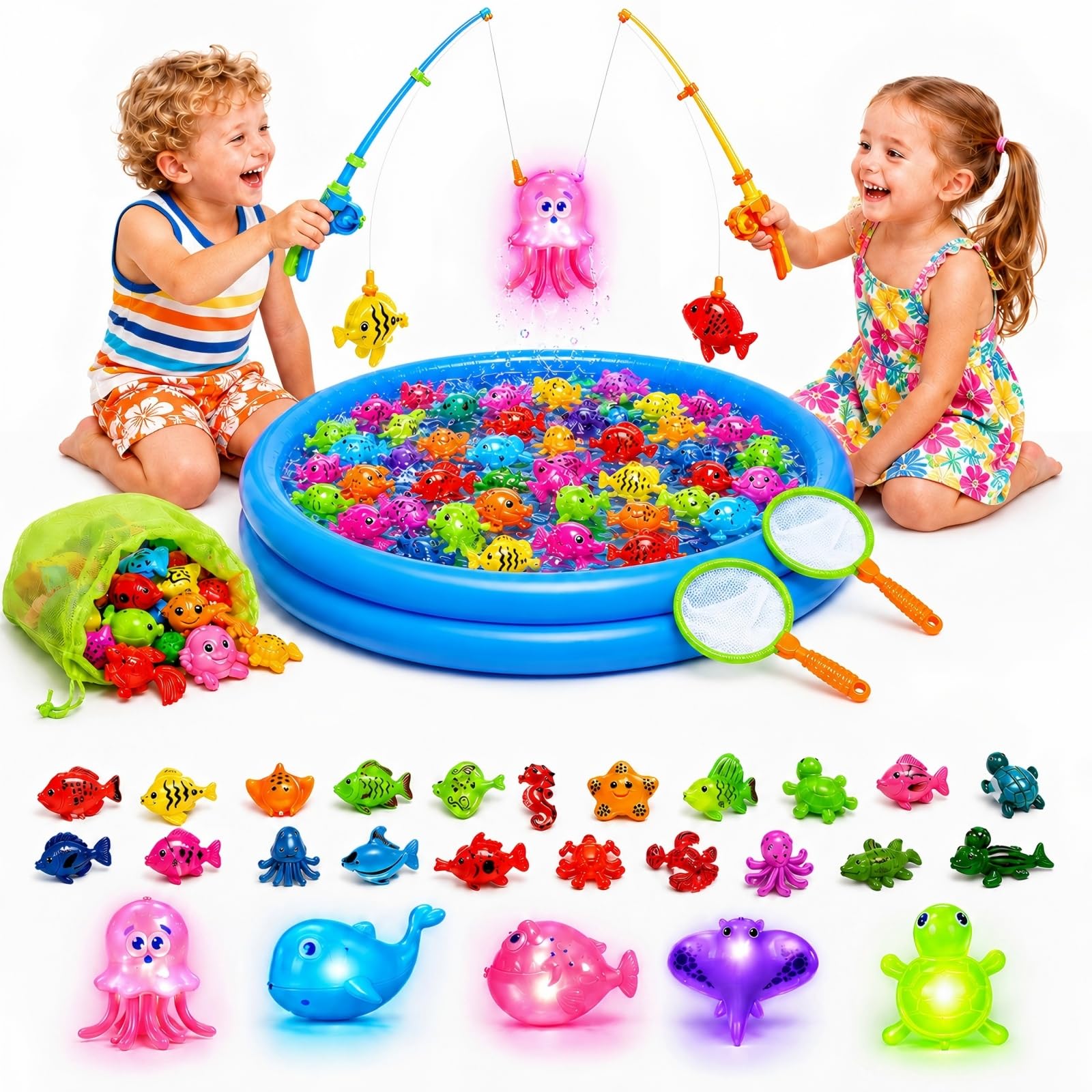 XXL Angelspiel Magnetisch mit 5 leuchtenden LED-Fischen - 2-Spieler Wasserspielzeug Set inkl. Planschbecken - Magisches Nachtangeln im Pool & Garten - Sommer Geschenk für Kinder ab 3-5 Jahren