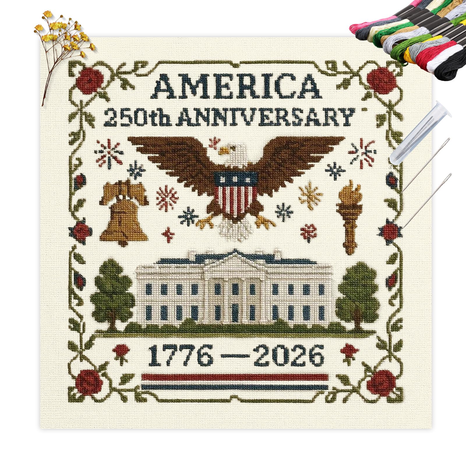 US 250th Anniversary Cross Stitch Kit,Personalized Patriotic Cross Stitch Kits, Commemorative Embroidery for Beginners Stamped and Counted Style Gifts for Veterans Military Fans (Style2, Stamped)