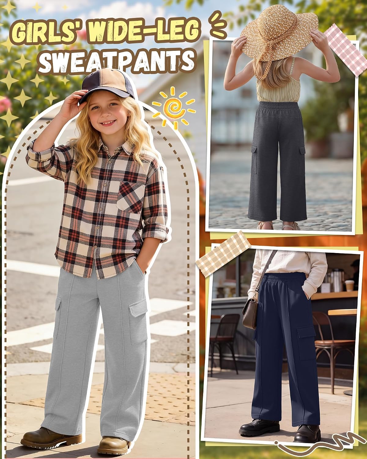 Ficerd 4 Pack Girls' Wide Leg Cargo Sweatpants Baggy Elastic Waistband Kids Casual Athletic Joggers with Pockets 5-14 Years