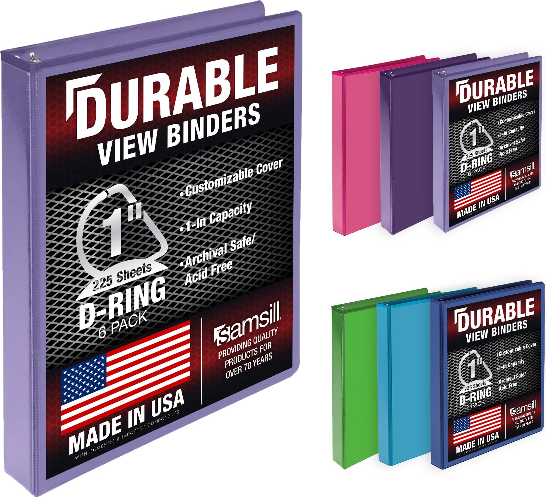 Samsill Island Assortment 1 inch D-Ring Binder, 100% Recycled Chipboard, 6 Pack | Bulk Pack Storage Binder for Students & Office - main product image