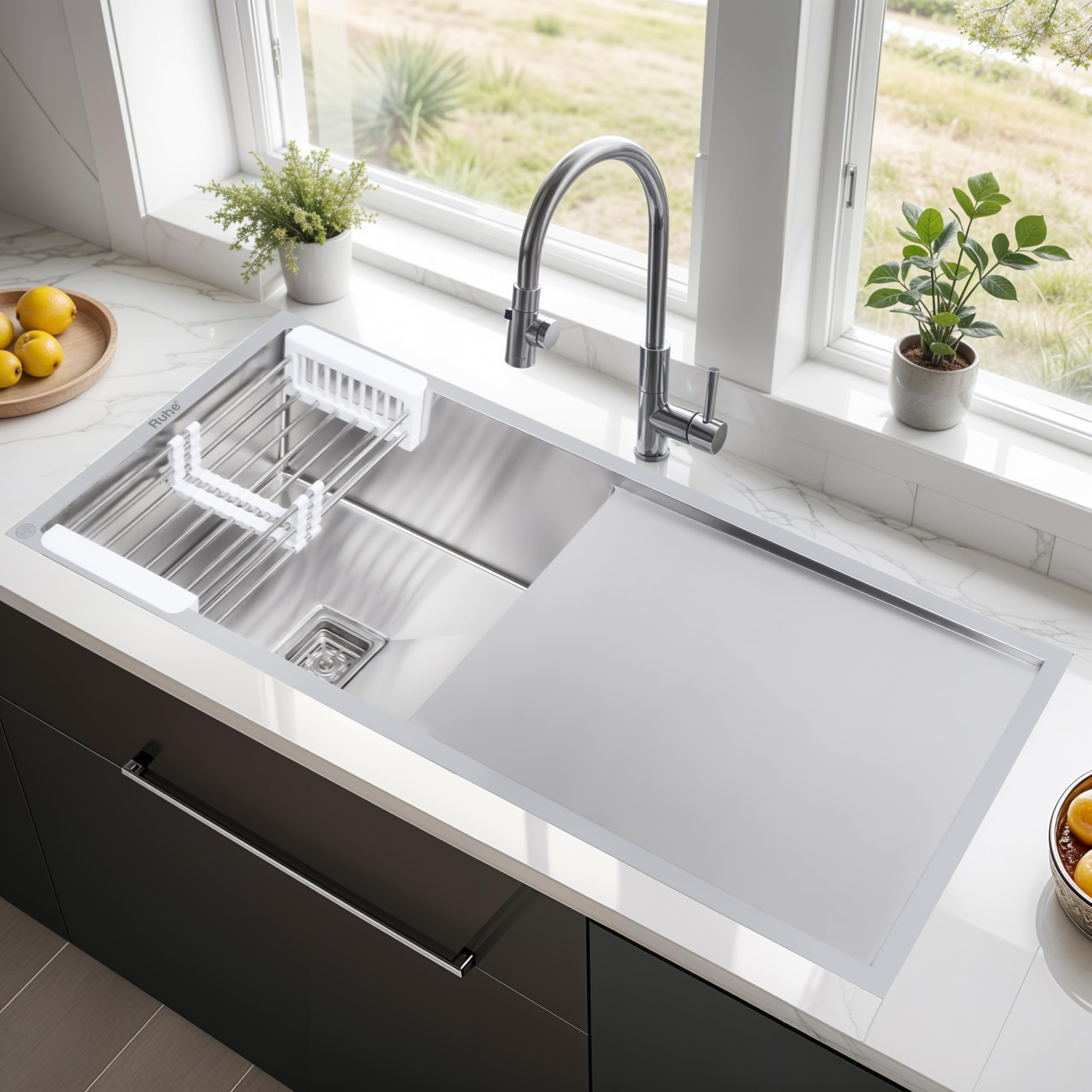 Ruhe® Handmade Single Bowl 45x20x10 inches Kitchen Sink with Drainboard | 304-Grade Stainless Steel Kitchen Sink with Matte Finish | Including Strainer-Basket/Sink Coupling & Waste Pipe-image-20