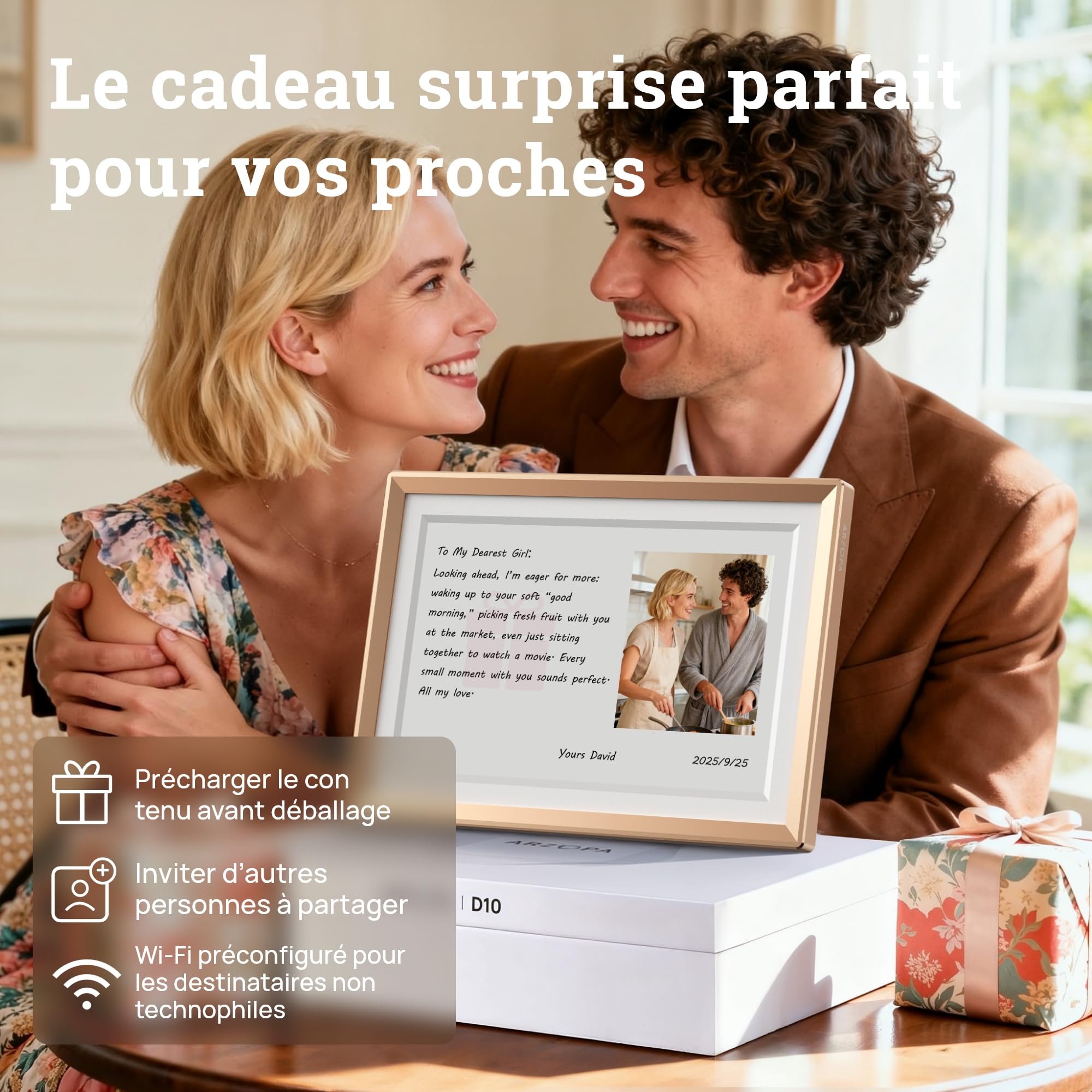 ARZOPA Cadre Photo Numérique Connecté Stockage Cloud Gratuit et Illimité HD Écran Tactile Cadre Numérique Photo en Metal Partager Photos Vidéos Illimitées Cadeau Personnalisé Parfait 10,1" - D10 Gold