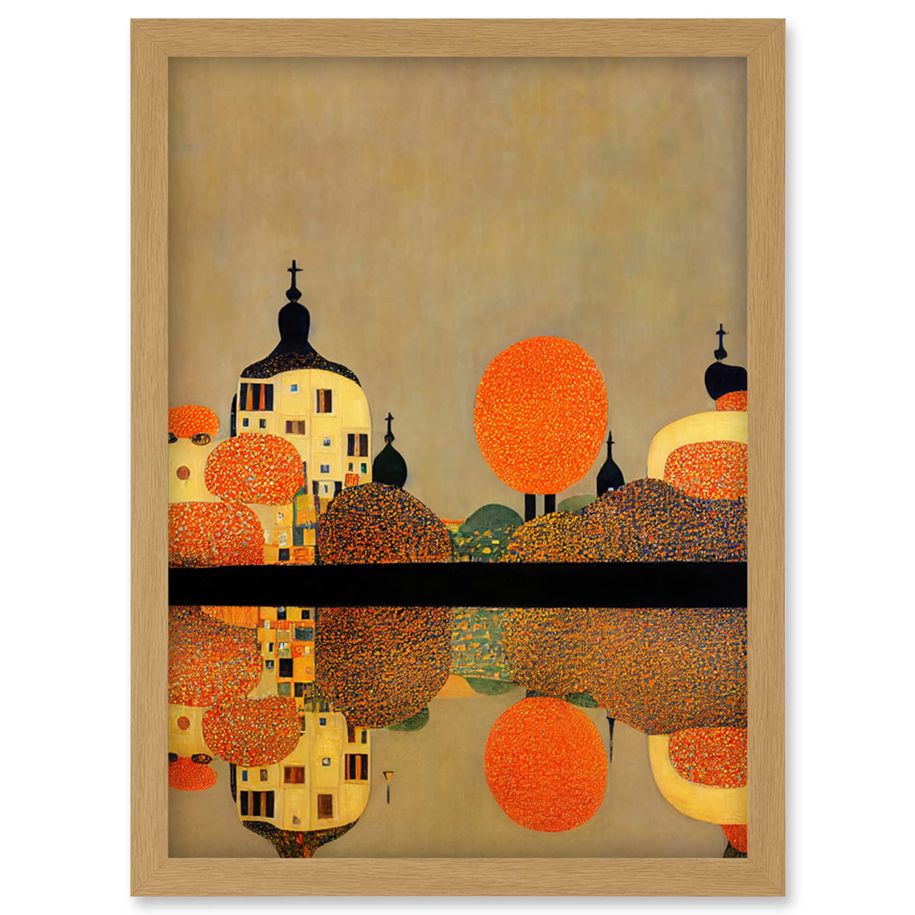 Wee Blue Coo Gustav Klimt Style Autumn Lakeside Town Church Reflection Artwork Framed Wall Art Print A4