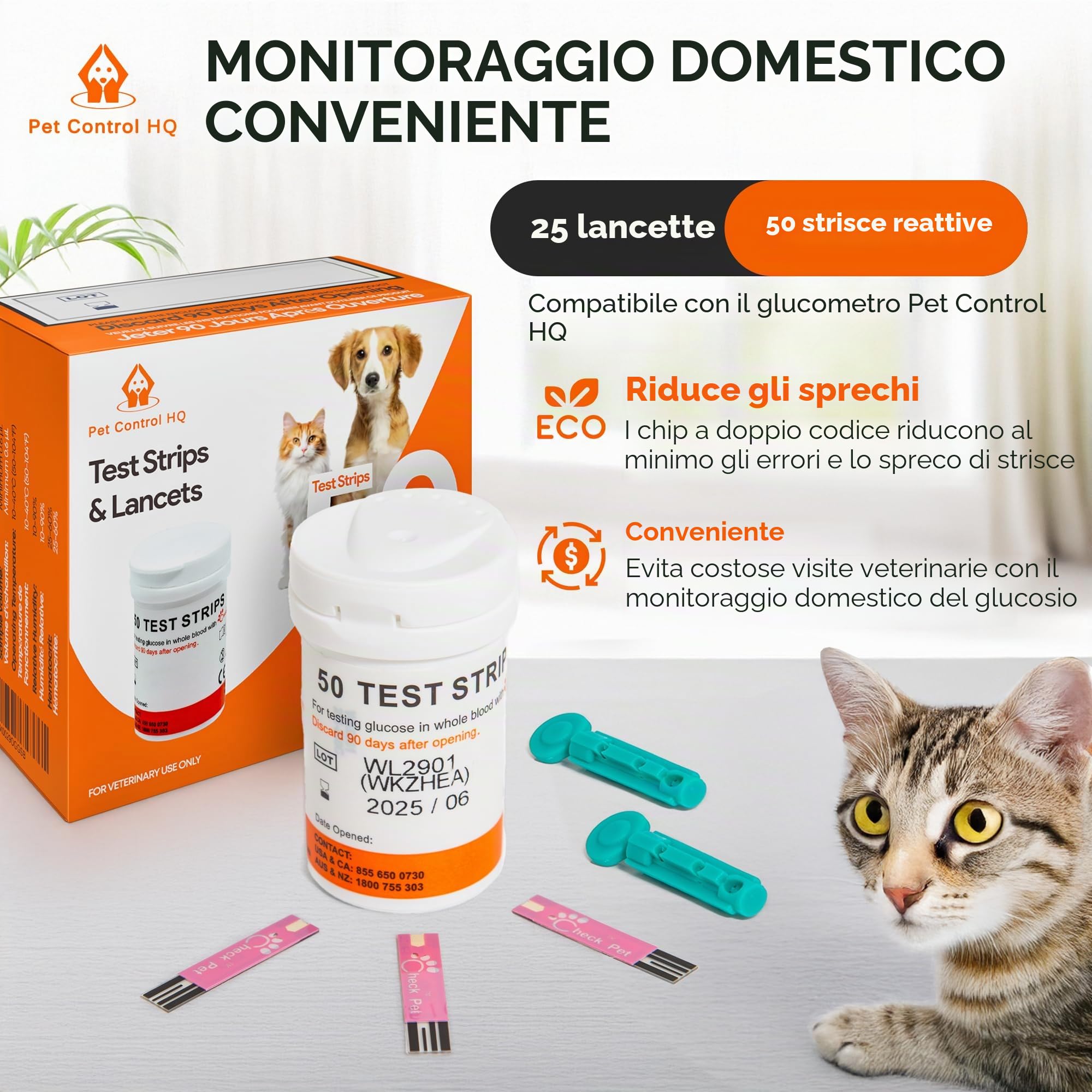 Pet Control HQ Strisce reattive per glicemia extra – calibrate per cani e gatti – test per diabete accurati in laboratorio con 2 chip di codice calibrati, 50 strisce reattive diabetiche, lancette