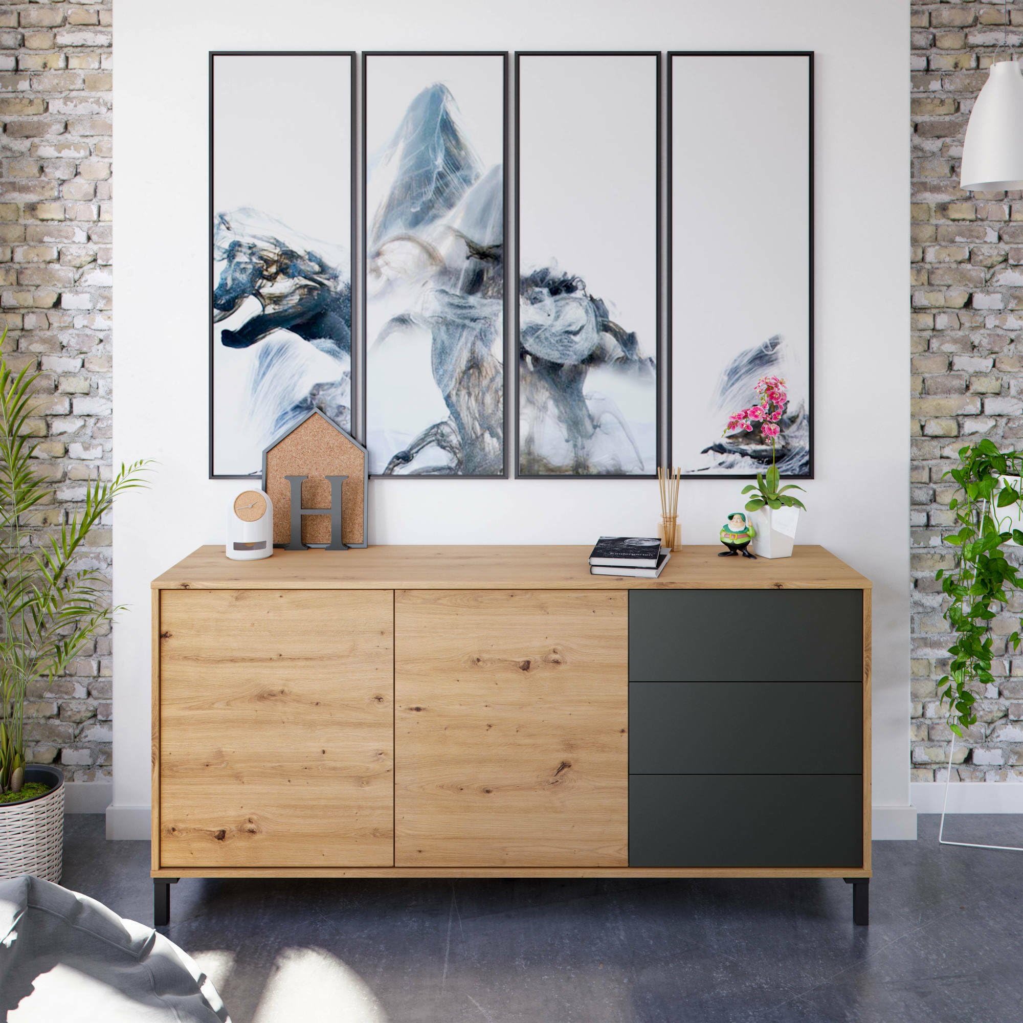 Dmora - Credenza Concord, Buffet da soggiorno, Mobile porta TV, Armadio per salotto, Madia moderna a 2 ante e 3 cassetti, 154x41h74 cm, Rovere nodi e Antracite