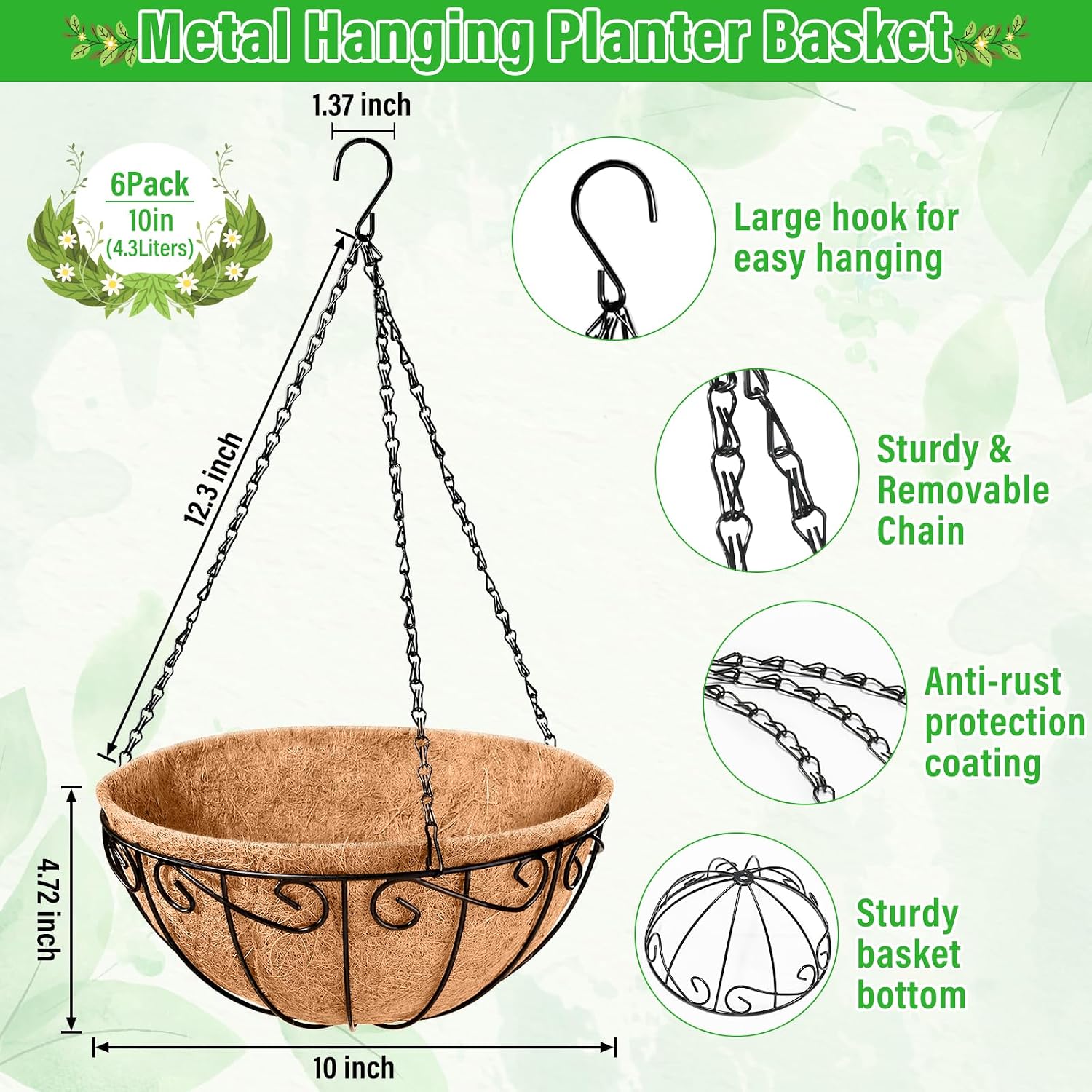 Legigo 6 Pack 10 Inch Metal Hanging Baskets for Plants Outdoor- Round Wire Hanging Planters Basket with Coconut Coir Liner, Hanging Flower Pot for Outdoor Plants Flowers Garden Decorations 6 10 inch