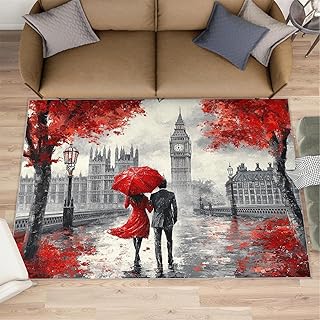 5 x 3.3 Rug, London Large Area Rugs for Living Room Bedroom, City Landscape Area Rug, Ultra Soft Indoor Rug, Red Maple Leaves Carpet for Girls Boys Bedroom Home Decor