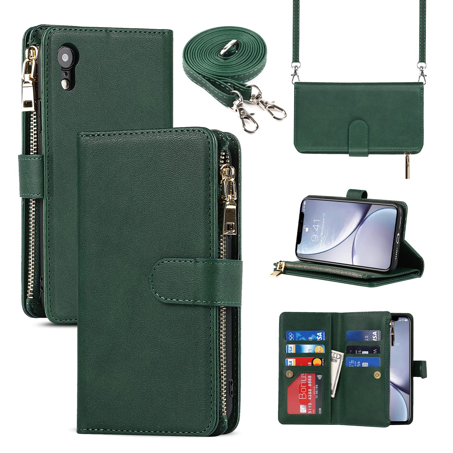 SailorTech Leather Case Crossbody Case for iPhone XR Flip Case Folio Cover with Card Slots Magnetic Buckle Zipper Wallet Case with Adjustable Necklace Strap Lanyard Cases Green