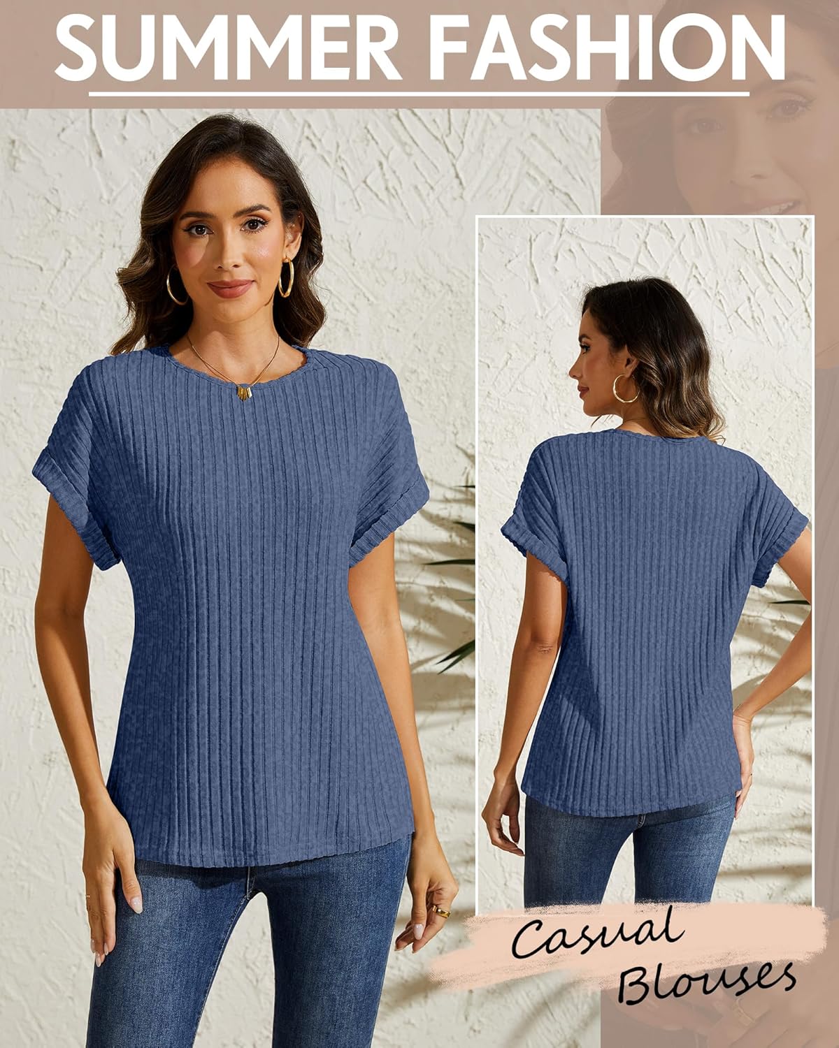 3 Pack Women Summer Sweaters Tops Crew Neck Short Sleeve Ribbed Knit T Shirts Dressy Casual Business Tunic Blouses - Image 2