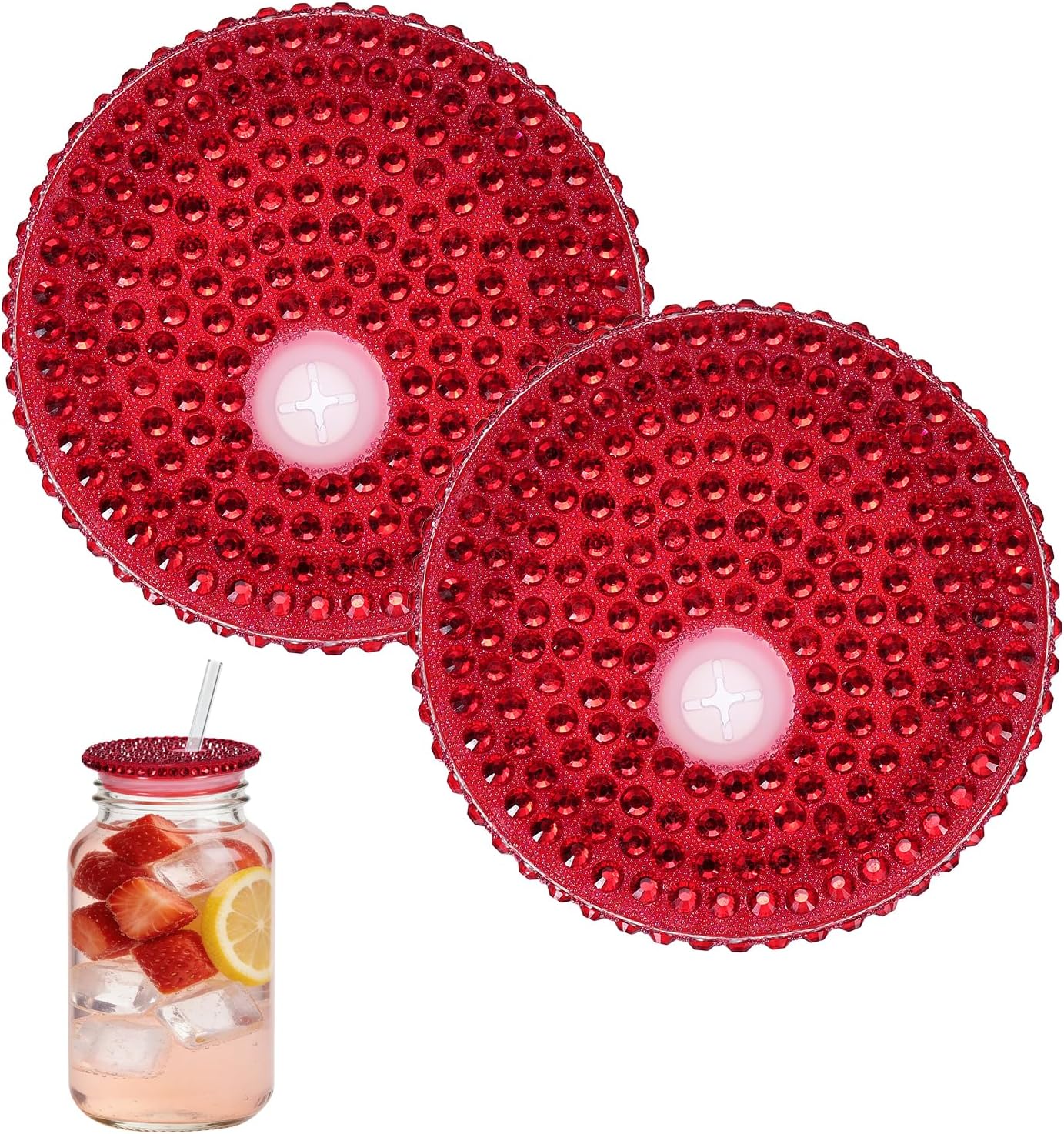 uxcell 2Pcs Acrylic Lids for 16 oz Glass, Reusable Plastic Tumbler Replacement Lids Rhinestone Canning Caps with Hole for Beer Can Drinking Glasses Tumblers, Transparent Red