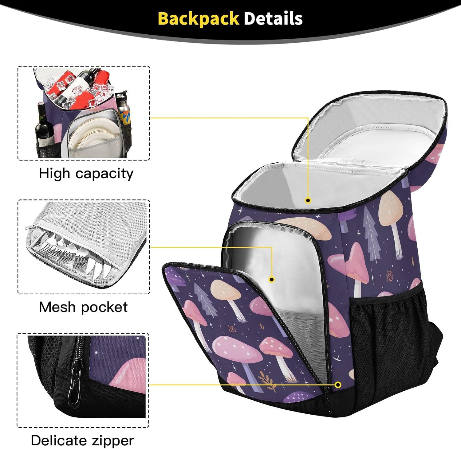 Cute Cartoon Mushrooms Cooler Backpack 36 Cans Leakproof Waterproof Backpack Cooler Bag Beach Accessories Travel Camping Fishing Backpack for Women Men