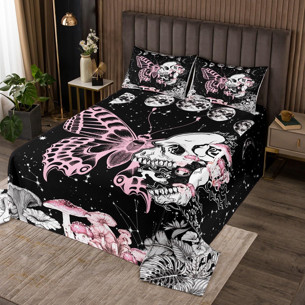 Homewish Pink Butterfly Sugar Skull Gothic Bedspread Queen,Mushroom Quilt for Kids Girls Boys Adults Room Decor,Moon Starry Sky Plants Psychedelic Comfortable Cover Black White Boho Style