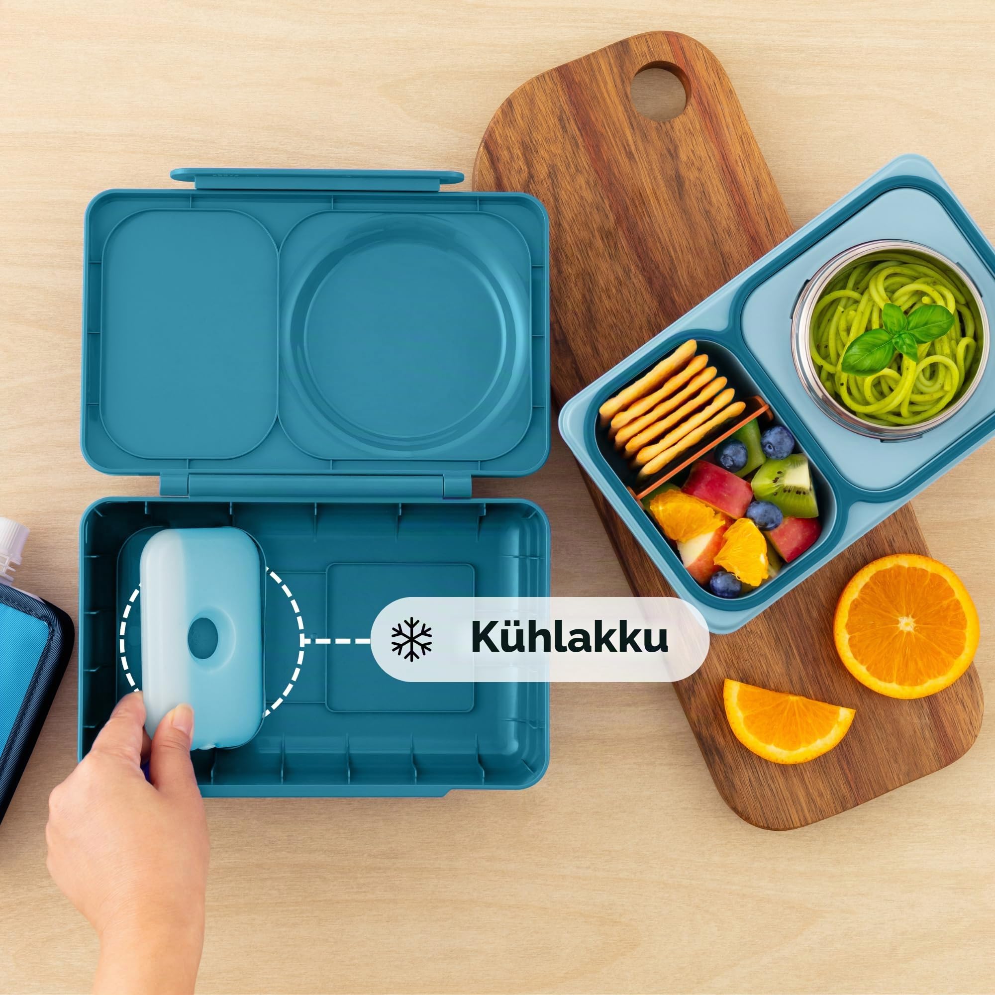Omie Box Up Bento-Box für Kinder, isolierte Lunchbox, auslaufsichere Thermosdose, Kühler Eisbeutel, 2 Fächer, Blaugrün