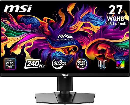 MSI MAG 271P QD-OLED X24 Gaming Screen 26.5 Inch WQHD – Quantum Dot OLED Panel 2560 x 1440, 240Hz/0.03ms, 99% DCI-P3, ΔE≤2, DisplayHDR True Black 400 – DP 1.4a, HDMI 2.1 - 1