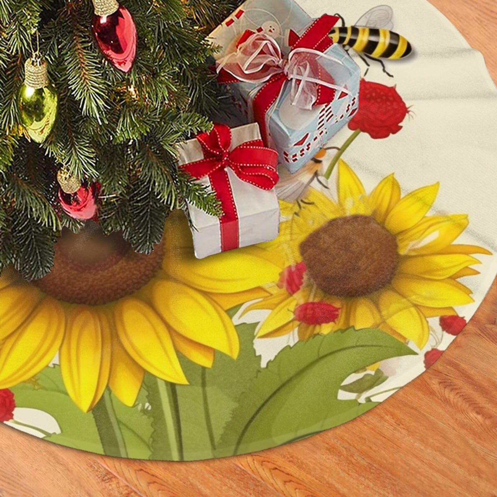 Fodpand Black Bees Sunflowers Daisy Rose Flowers Christmas Tree Skirt 36" Velvet Xmas Tree Skirt Mat Rustic Christmas Tree Mat Cover Winter Xmas Tree Collar For Indoor Outdoor Christmas Decorations