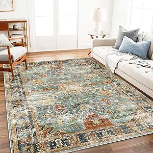 Area Rug 10'x14' Washable Vintage Traditional Mat Distressed Indoor Foldable Thin Retro Accent Floral Print Non Slip Carpet for Living Room Dining Room Office